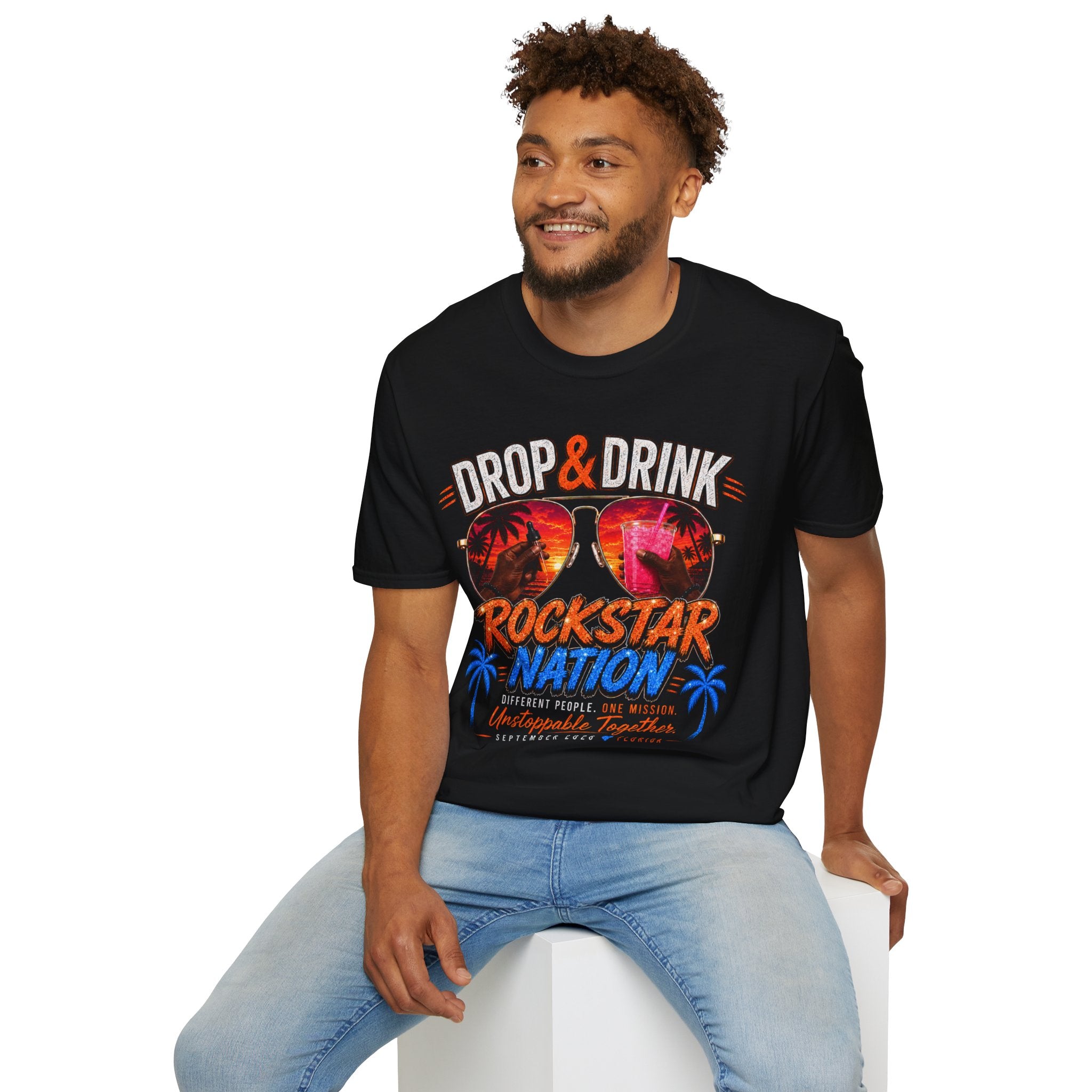 Dark Complexion (Men) Rockstar Team Shirt  —White Drop & Drink  Florida Retro Palm Sunset Graphic
