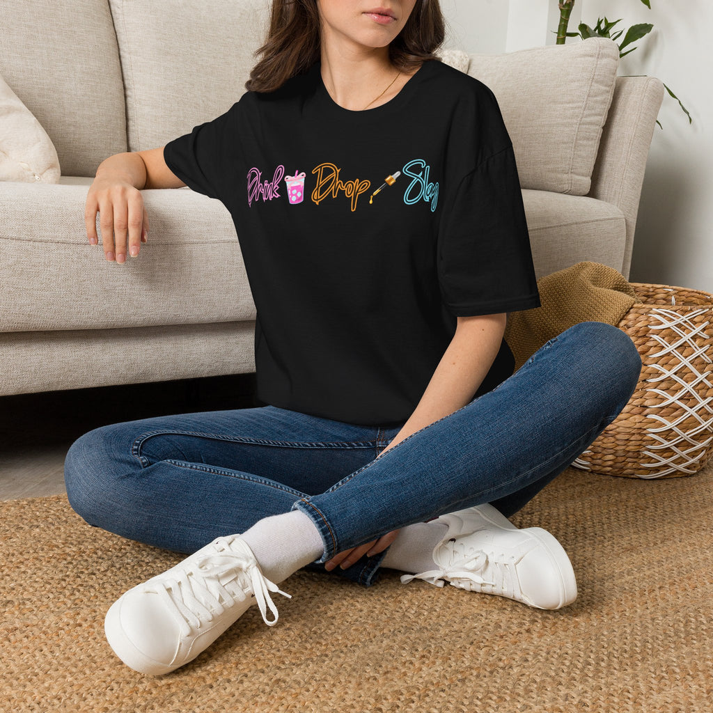 Drink Drop Slay T-Shirt — Fun Boba & Makeup Graphic Tee for Trendy Women