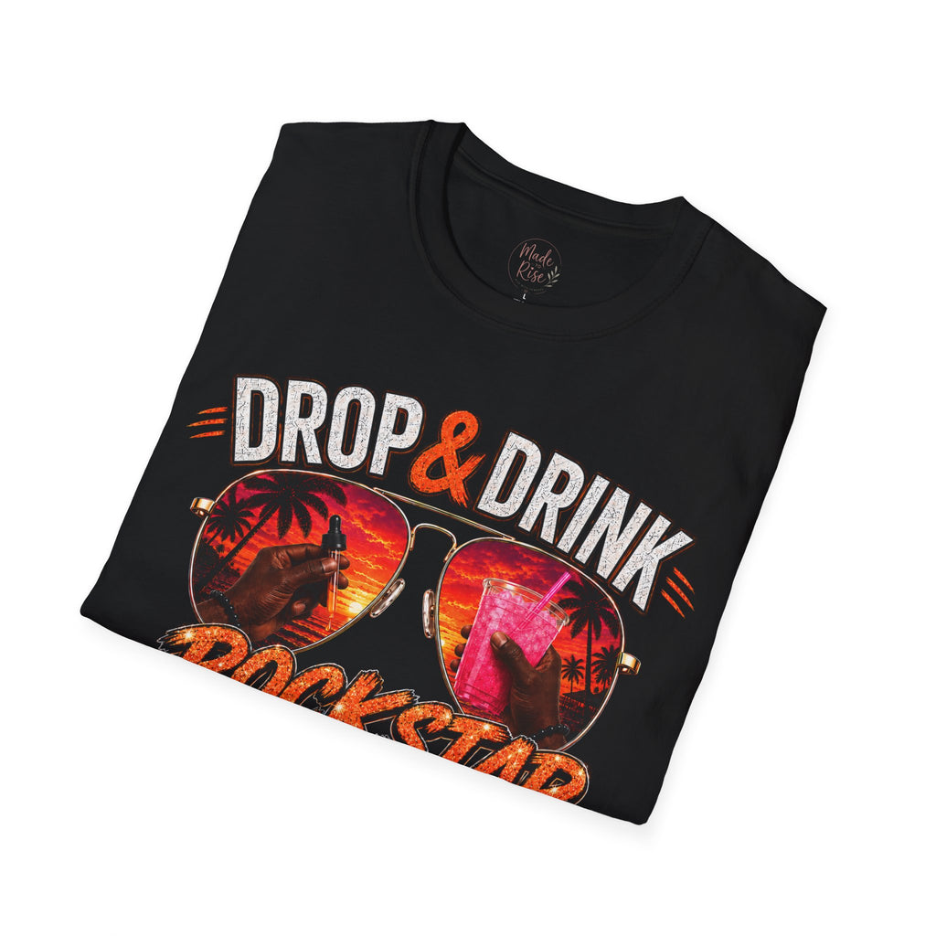 Dark Complexion (Men) Rockstar Team Shirt  —White Drop & Drink  Florida Retro Palm Sunset Graphic
