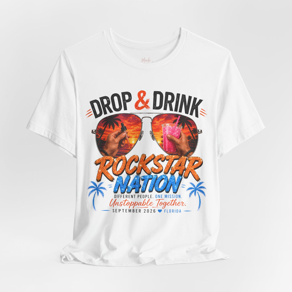 Team Drop & Drink Beach T‑Shirt – Most Likely to Change Lives Sunglasses Graphic