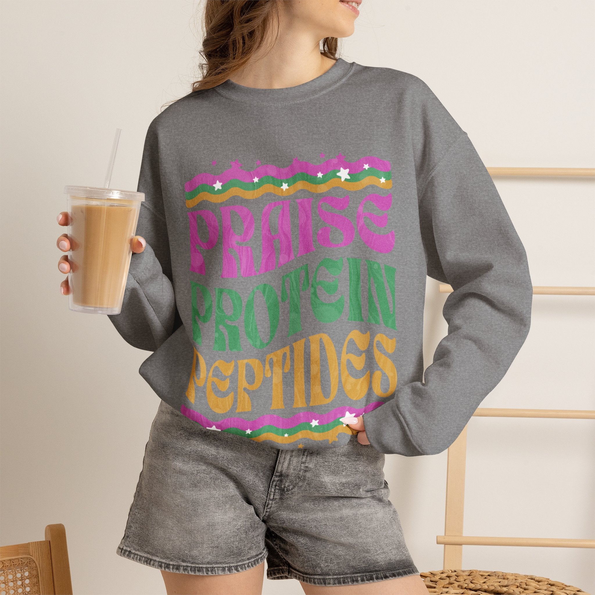 Made to Rise Crewneck Sweatshirt — Retro "Praise Protein Peptides" Graphic