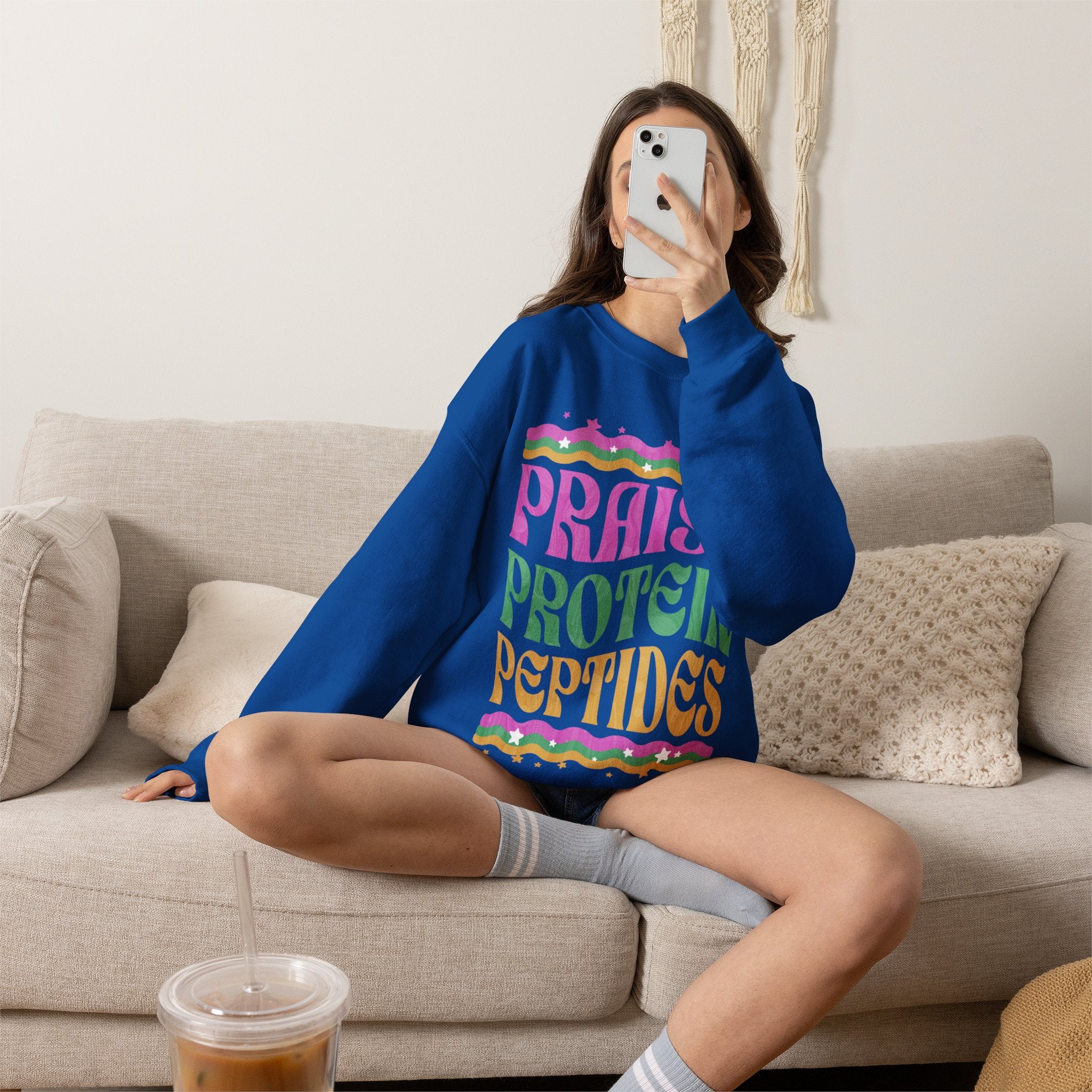 Made to Rise Crewneck Sweatshirt — Retro "Praise Protein Peptides" Graphic