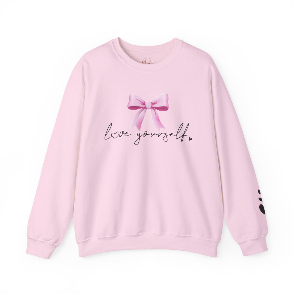 Love Yourself Sweatshirt, Self Love Crewneck Sweatshirt, Motivational Sweatshirt, Pink Bow Sweater, Mental Health Shirt, Positive Apparel
