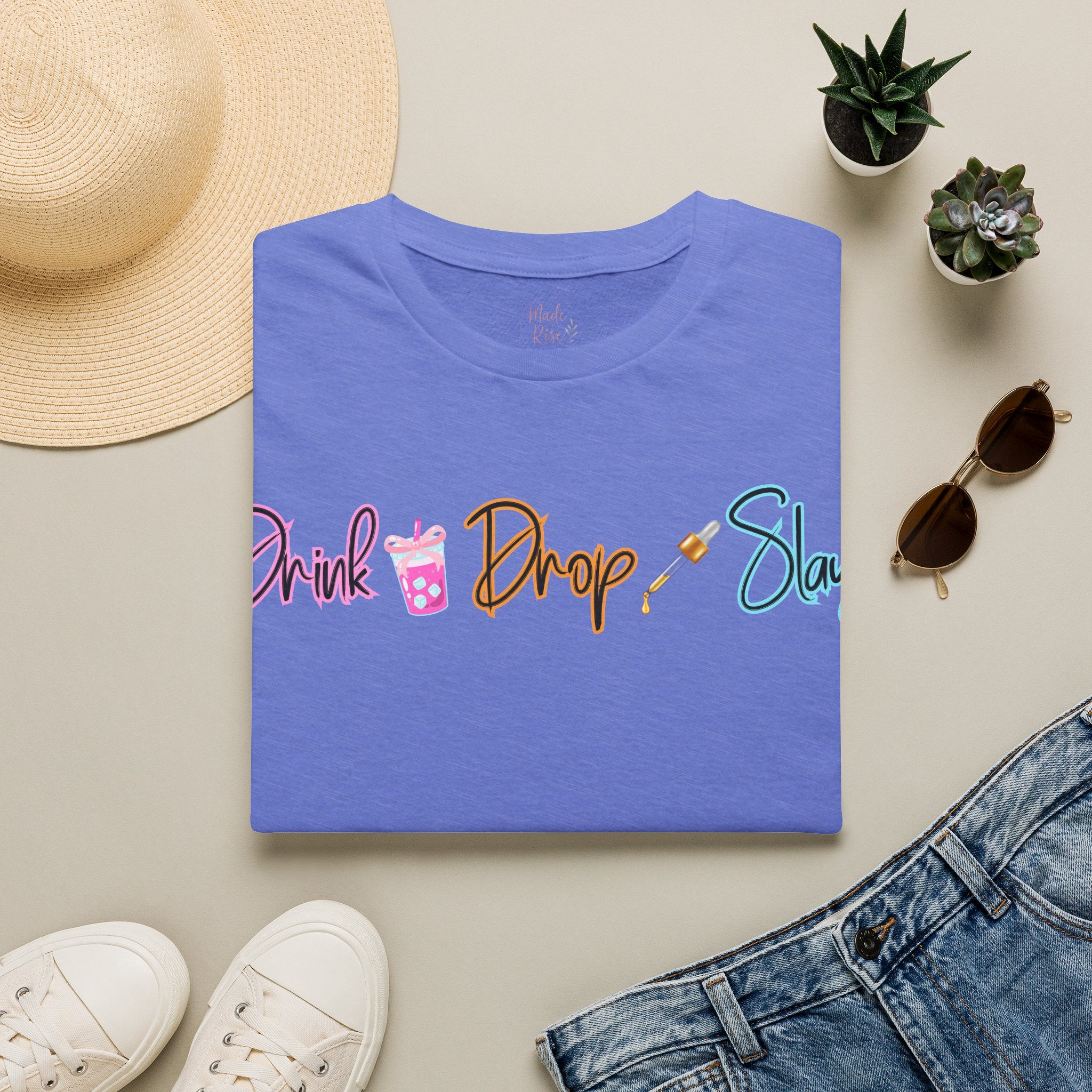Drink Drop Slay T-Shirt — Fun Boba & Makeup Graphic Tee for Trendy Women
