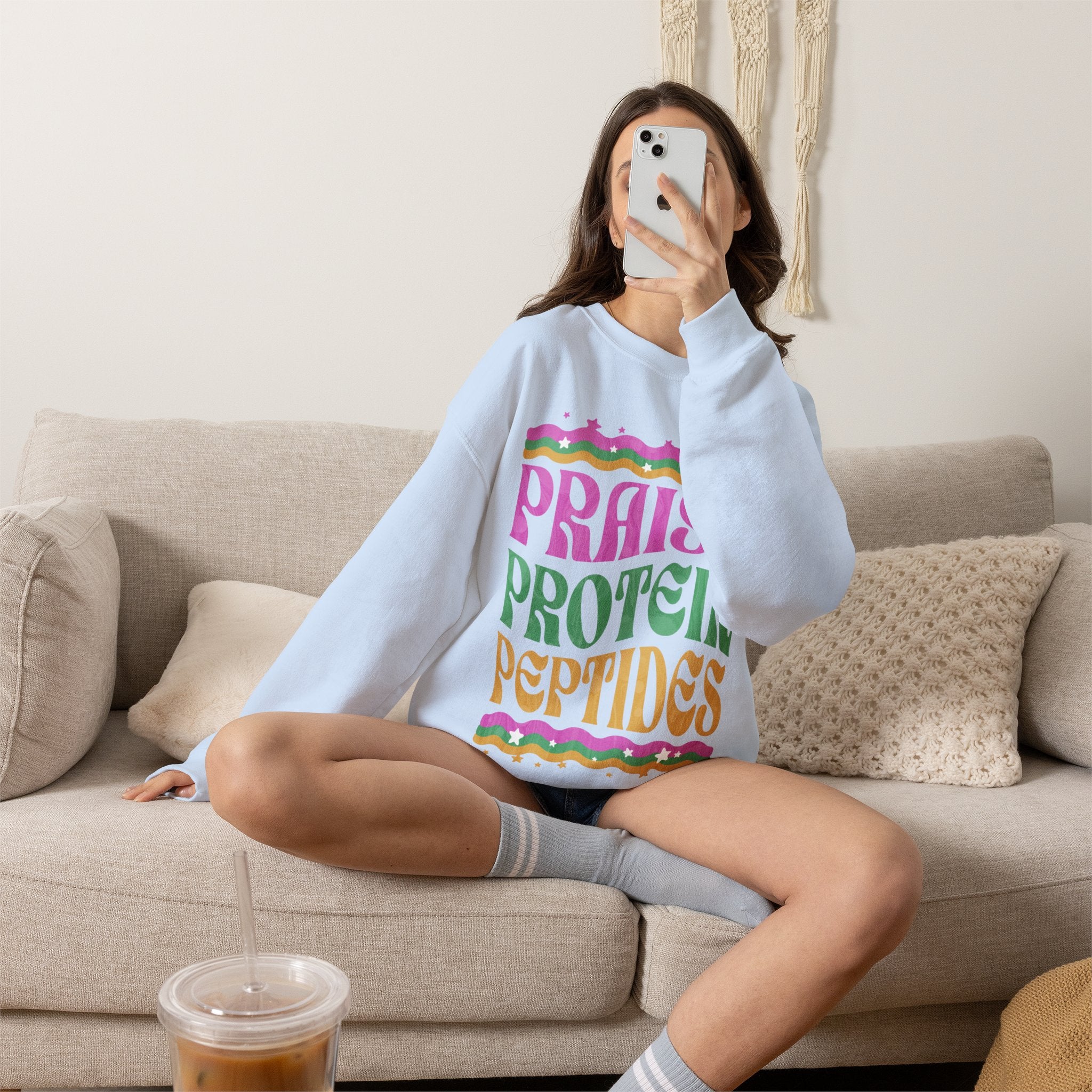 Made to Rise Crewneck Sweatshirt — Retro "Praise Protein Peptides" Graphic