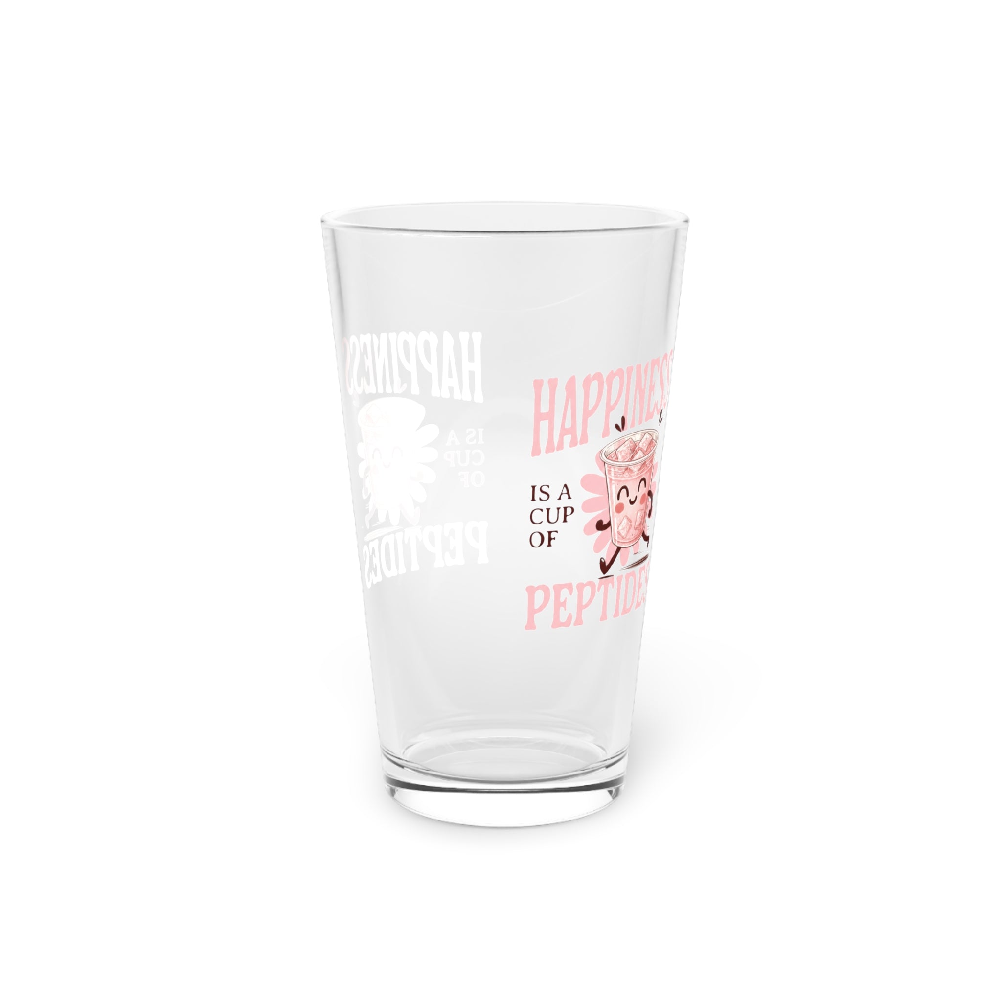 Pint Glass — "Happiness Is a Cup of Peptides" Cute Pink Kawaii Beer Glass, 16oz