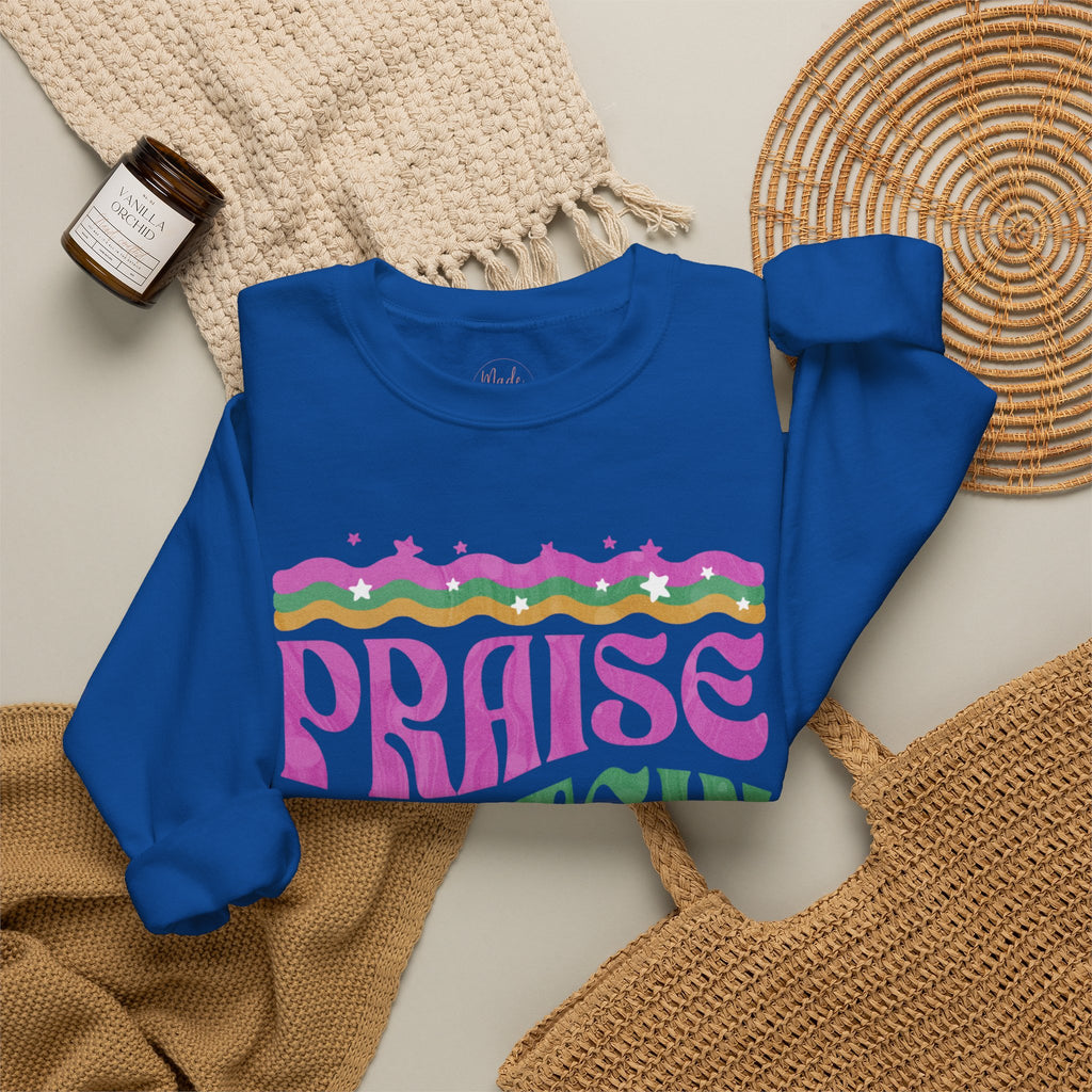 Made to Rise Crewneck Sweatshirt — Retro "Praise Protein Peptides" Graphic