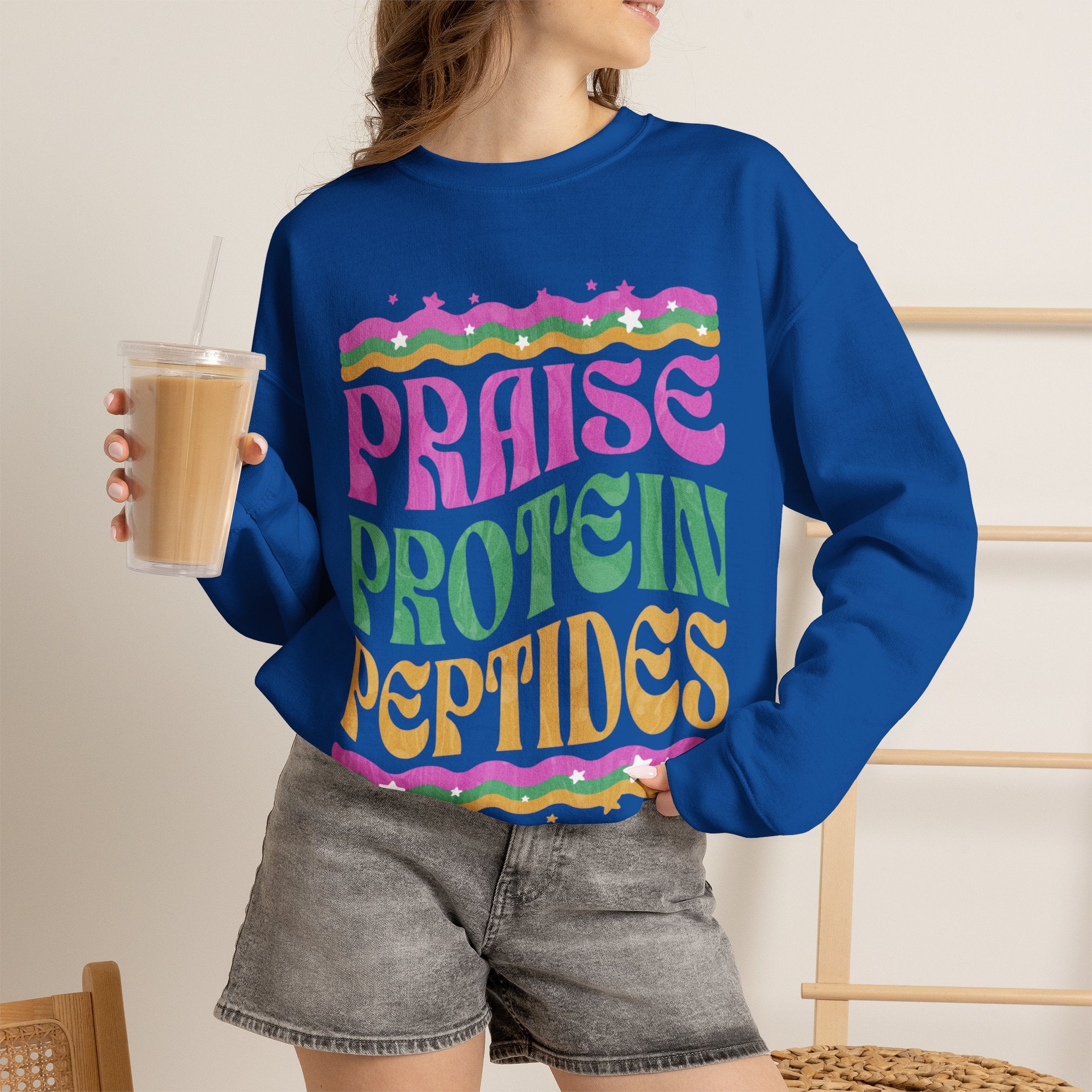 Made to Rise Crewneck Sweatshirt — Retro "Praise Protein Peptides" Graphic