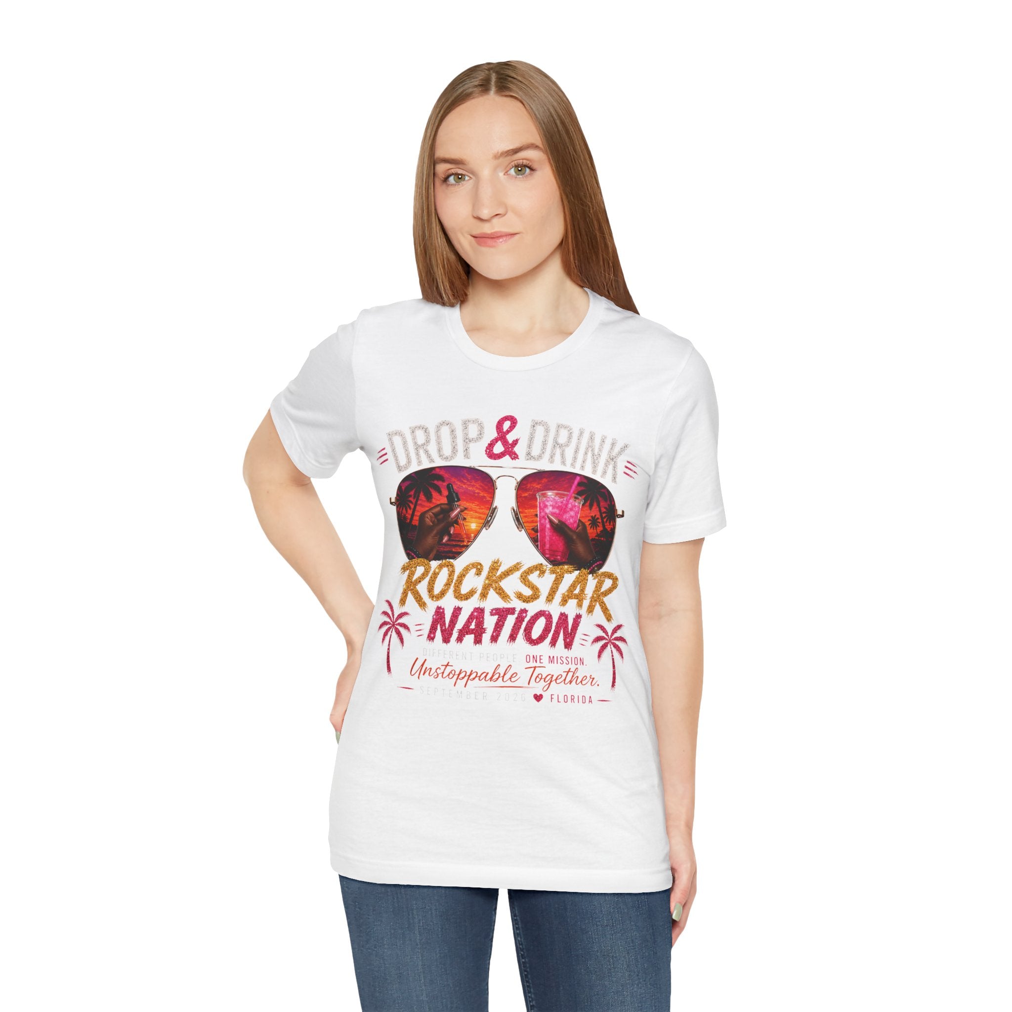Dark Complexion (women) of Team White Drop & Drink Beach T‑Shirt –  Sunglasses Graphic