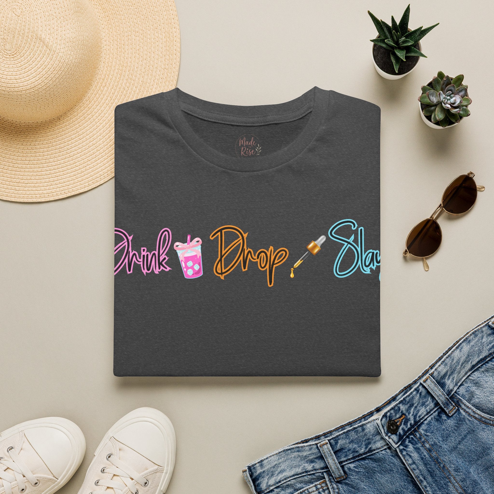 Drink Drop Slay T-Shirt — Fun Boba & Makeup Graphic Tee for Trendy Women