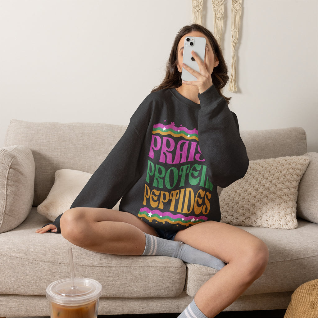 Made to Rise Crewneck Sweatshirt — Retro "Praise Protein Peptides" Graphic