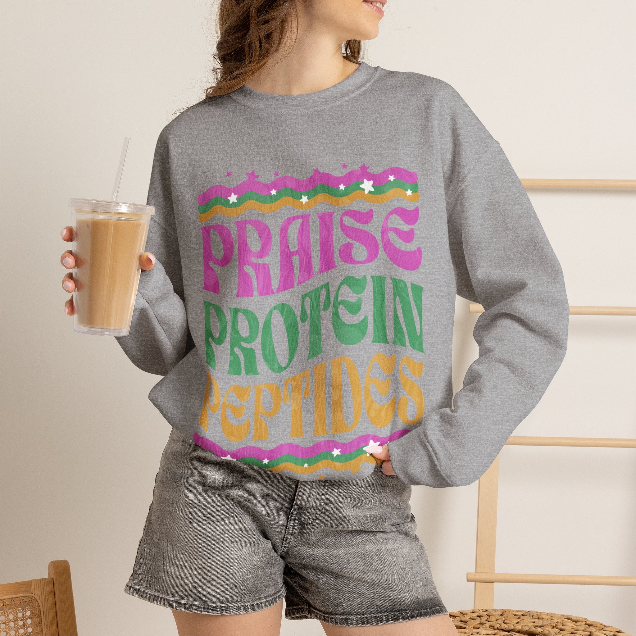 Made to Rise Crewneck Sweatshirt — Retro "Praise Protein Peptides" Graphic