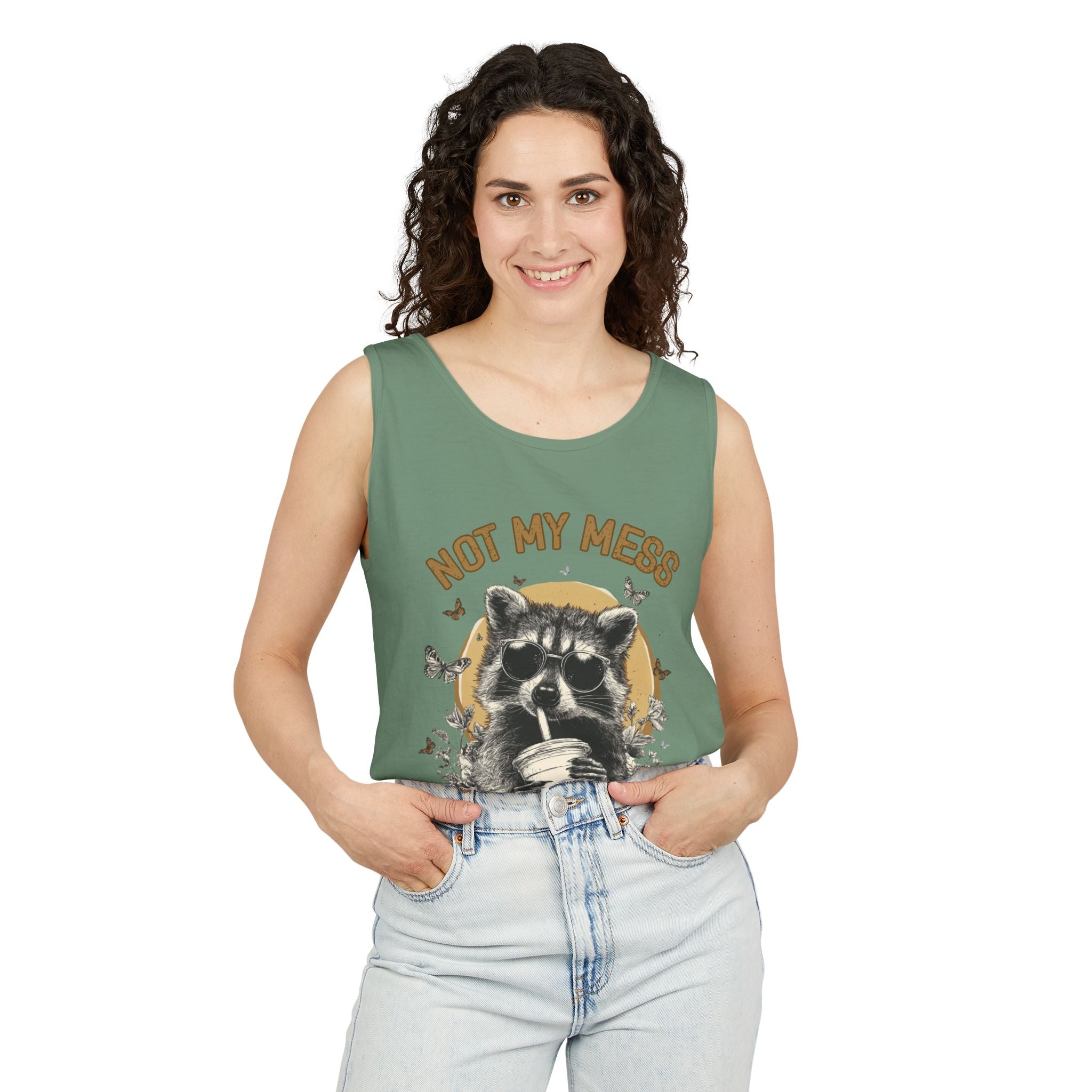 Not My Mess Not My Stress Raccoon Tank Top | Cute Sipping Raccoon Graphic