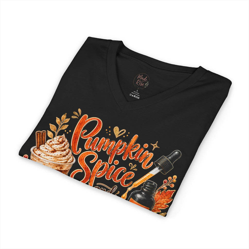 Pumpkin Spice and Peptides V-Neck Tee — Fall Skincare & Coffee Lover Shirt