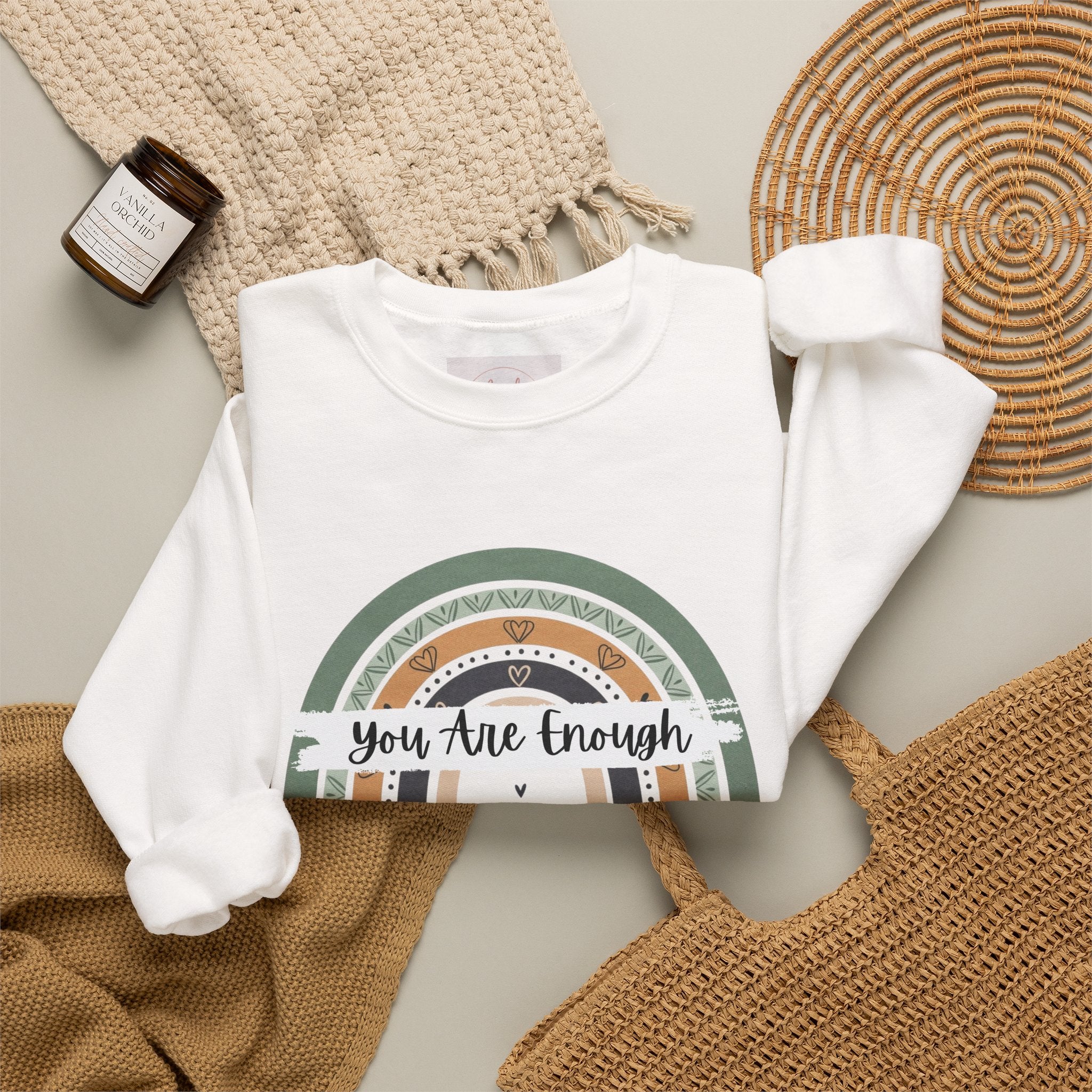 You Are Enough Sweatshirt, Mental Health Sweater, Boho Inspirational Sweatshirt, Rainbow Crewneck Sweatshirt, Cozy Crewneck Sweater