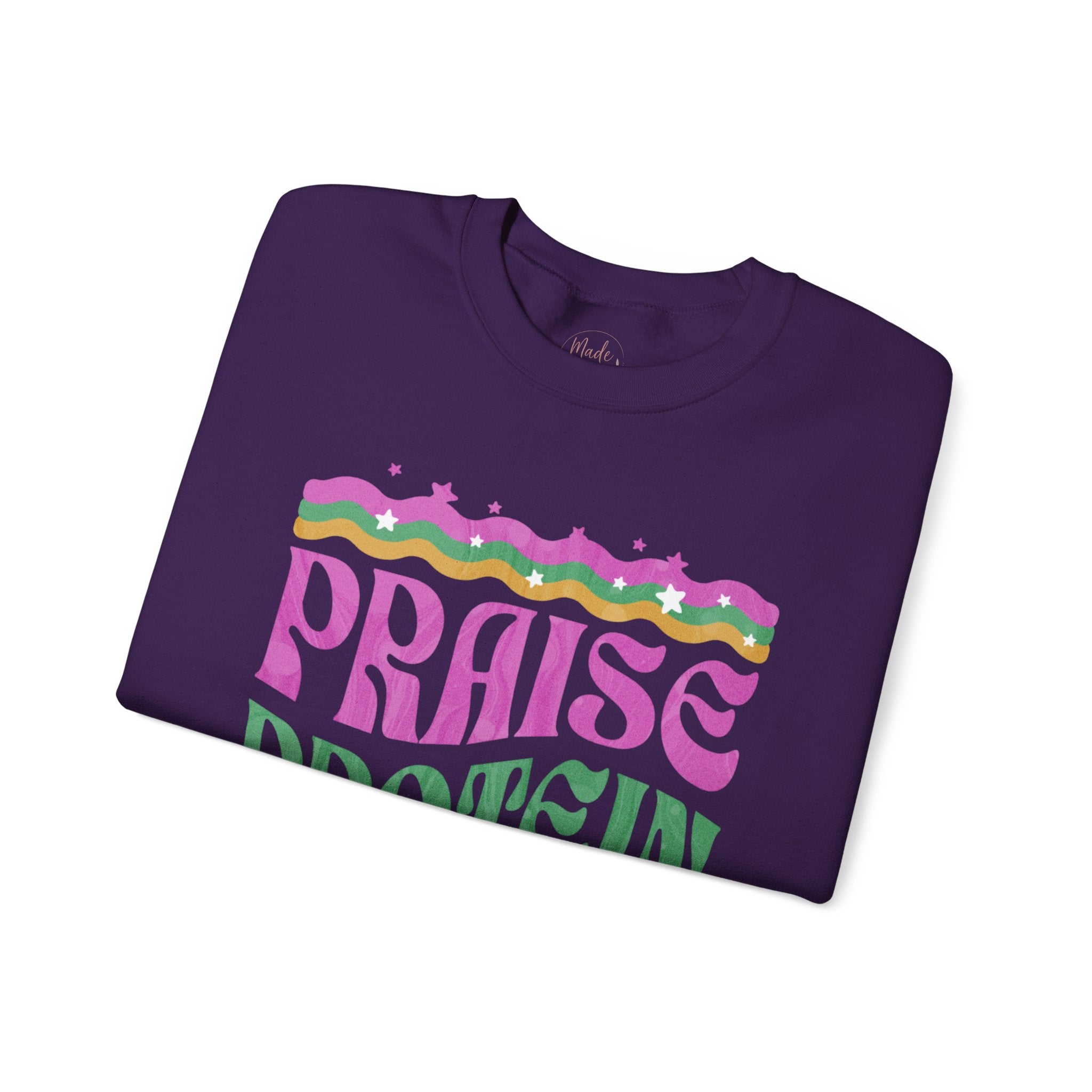Made to Rise Crewneck Sweatshirt — Retro "Praise Protein Peptides" Graphic