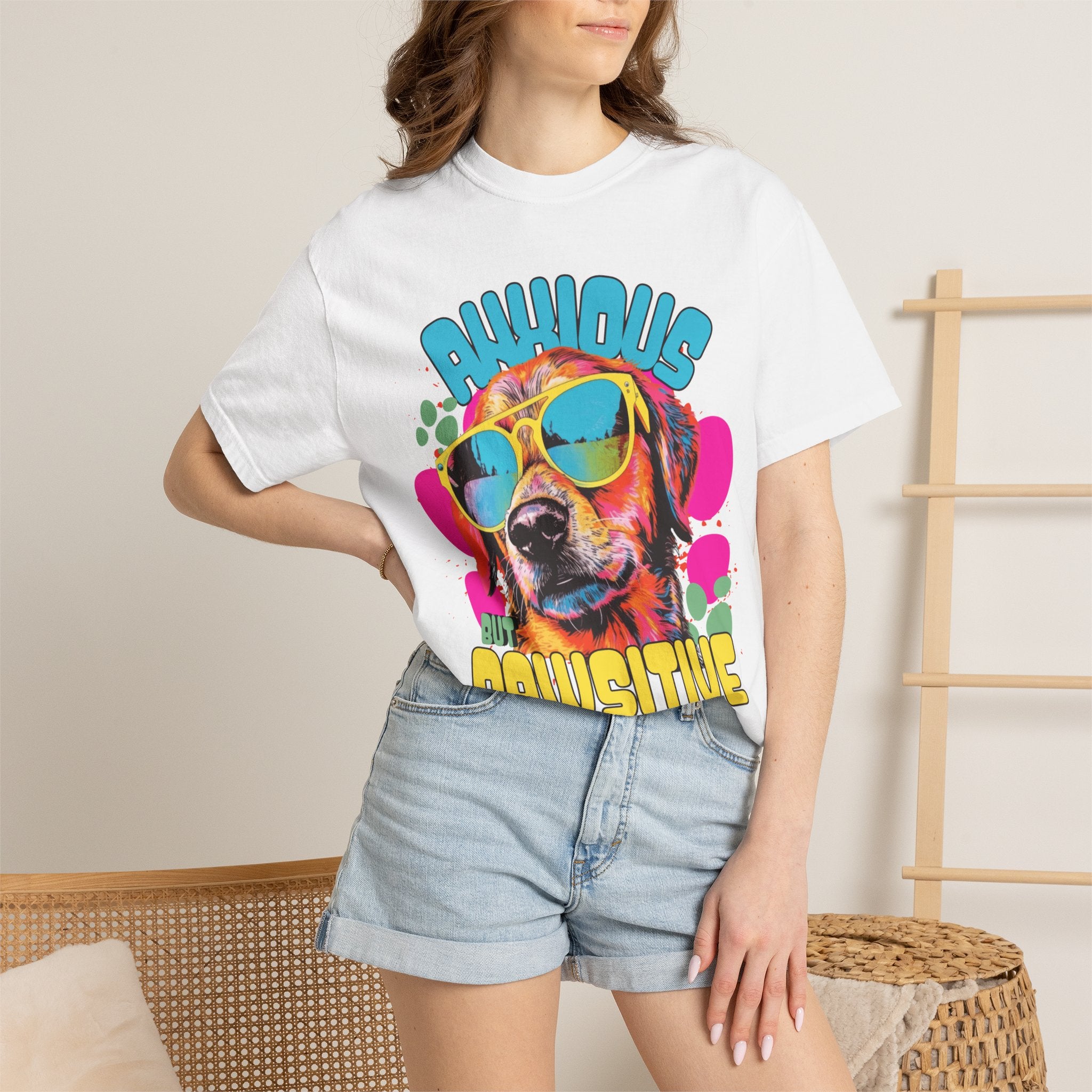 Retro Golden Retriever Shirt, Anxious but Pawsitive Tee, Mental Health Dog Mom, Comfort Colors Colorful Puppy T Shirt, Dog Lover Gift