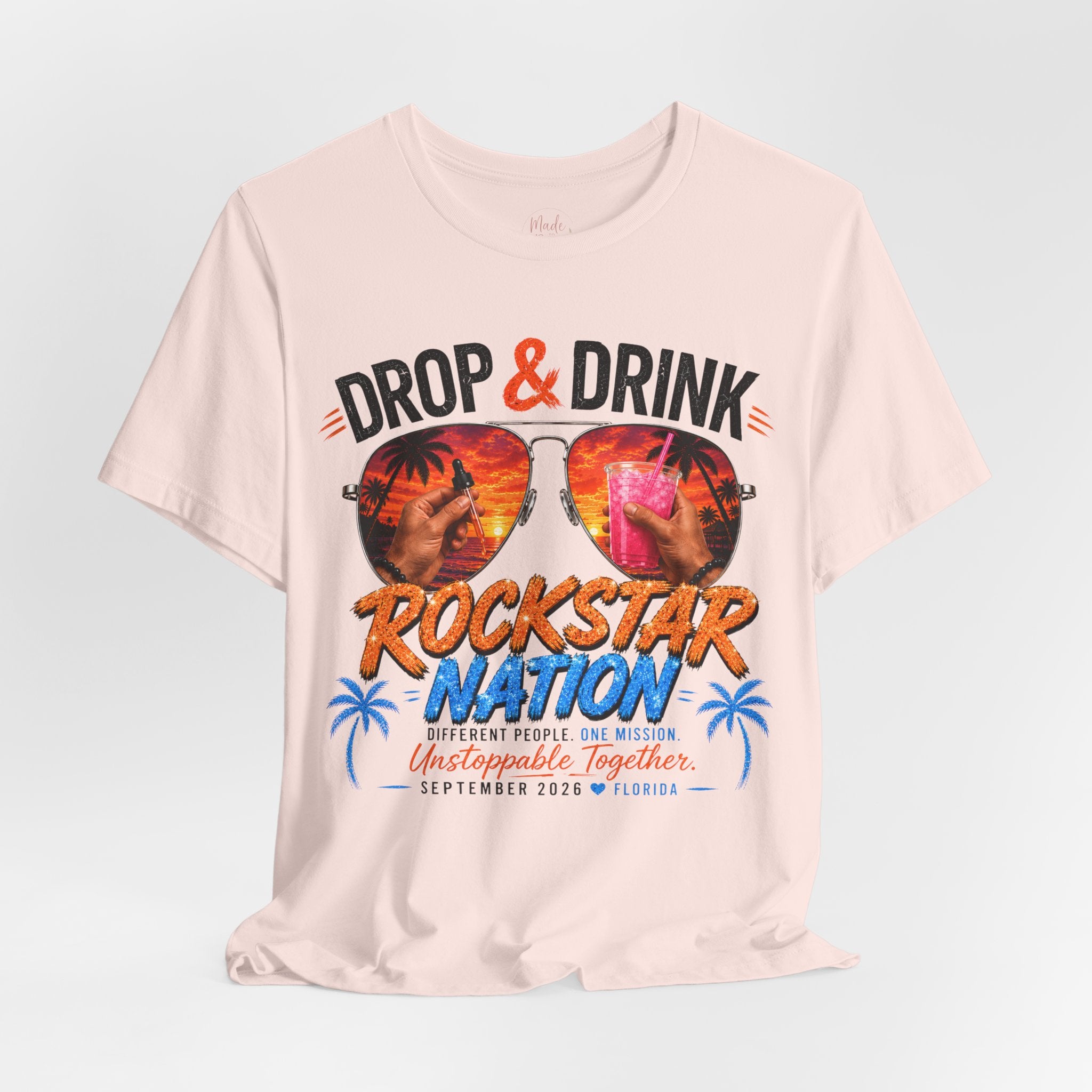 Team Drop & Drink Beach T‑Shirt – Most Likely to Change Lives Sunglasses Graphic