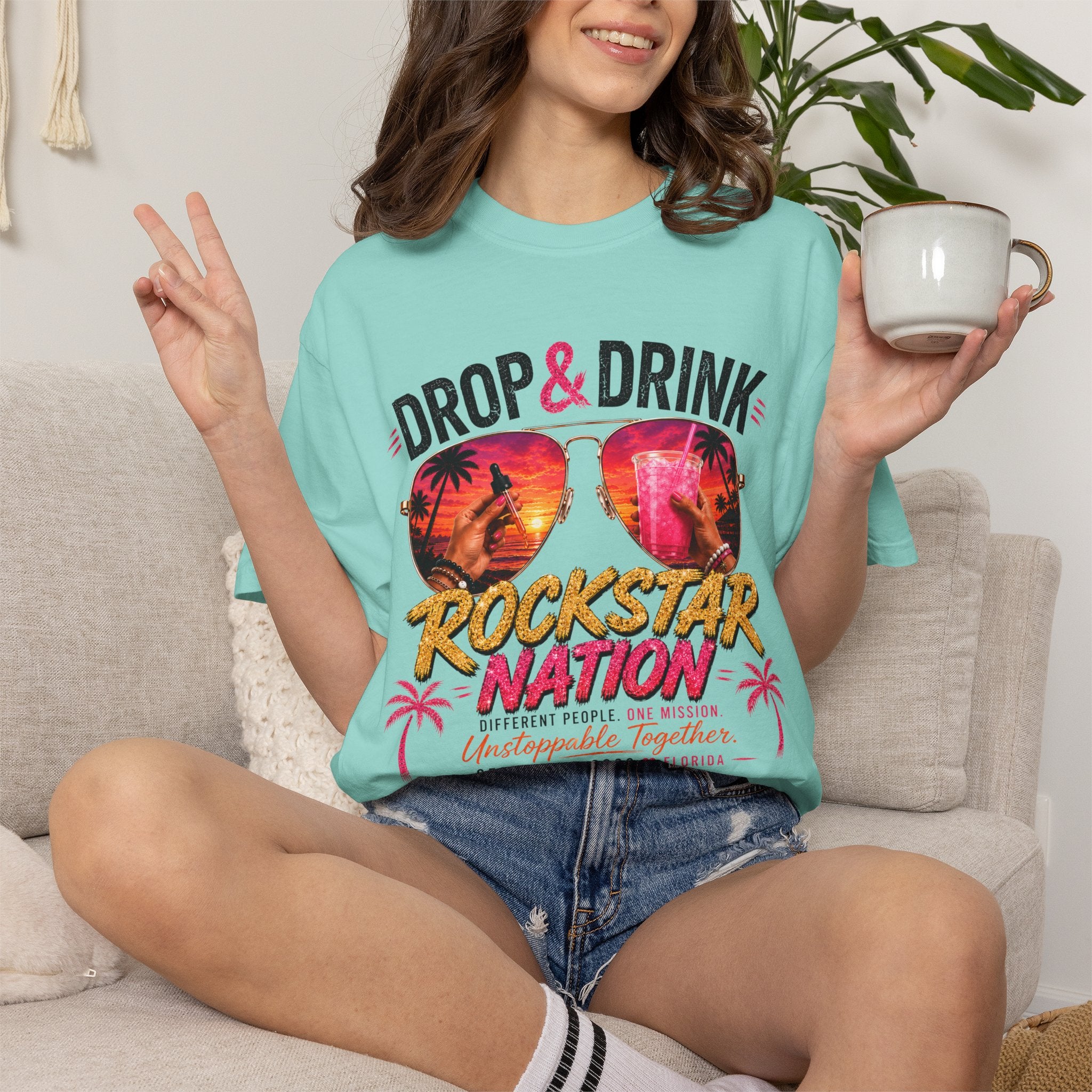 Unisex Drop & Drink Change Lives T-Shirt — Firefighter Sunglasses Graphic Tee