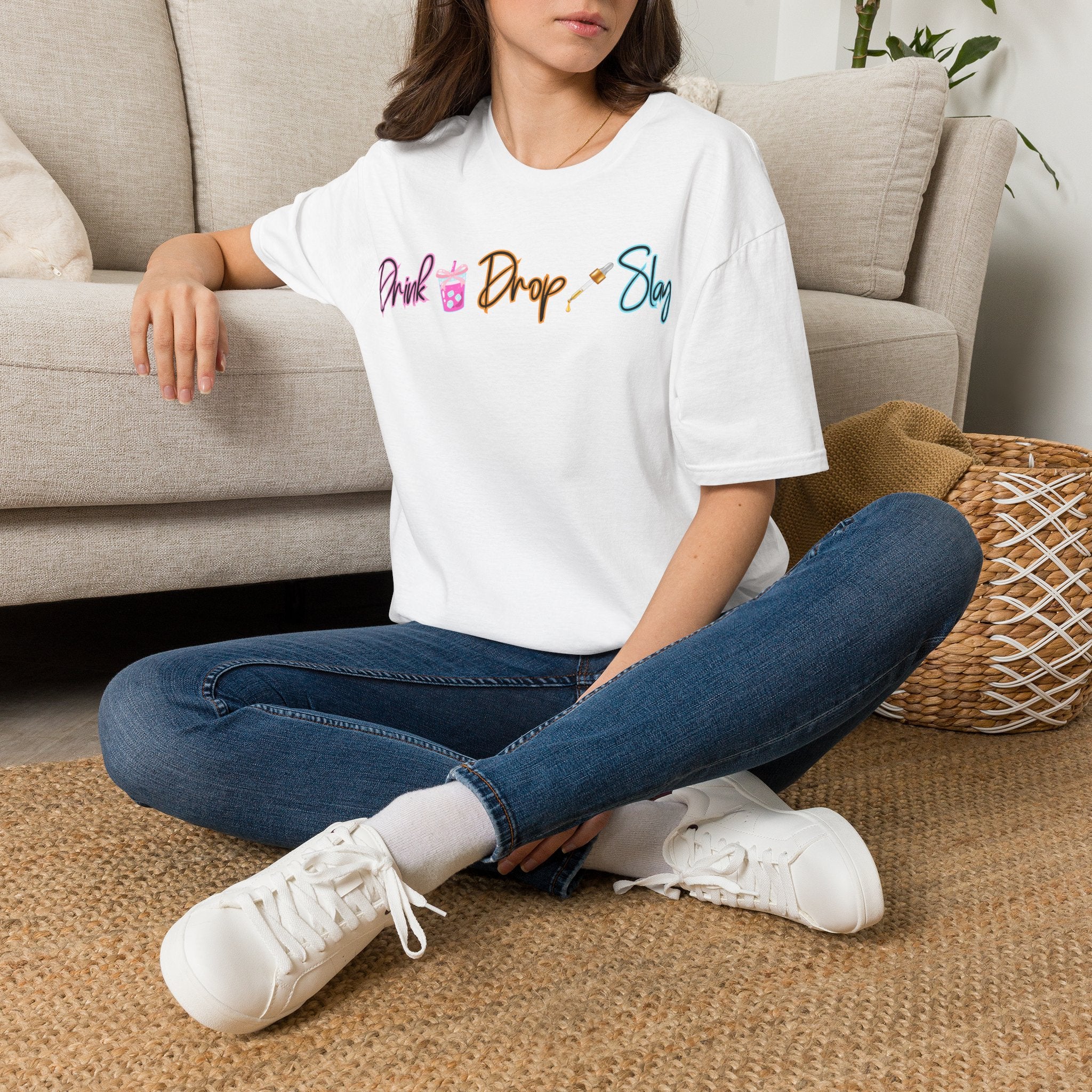 Drink Drop Slay T-Shirt — Fun Boba & Makeup Graphic Tee for Trendy Women