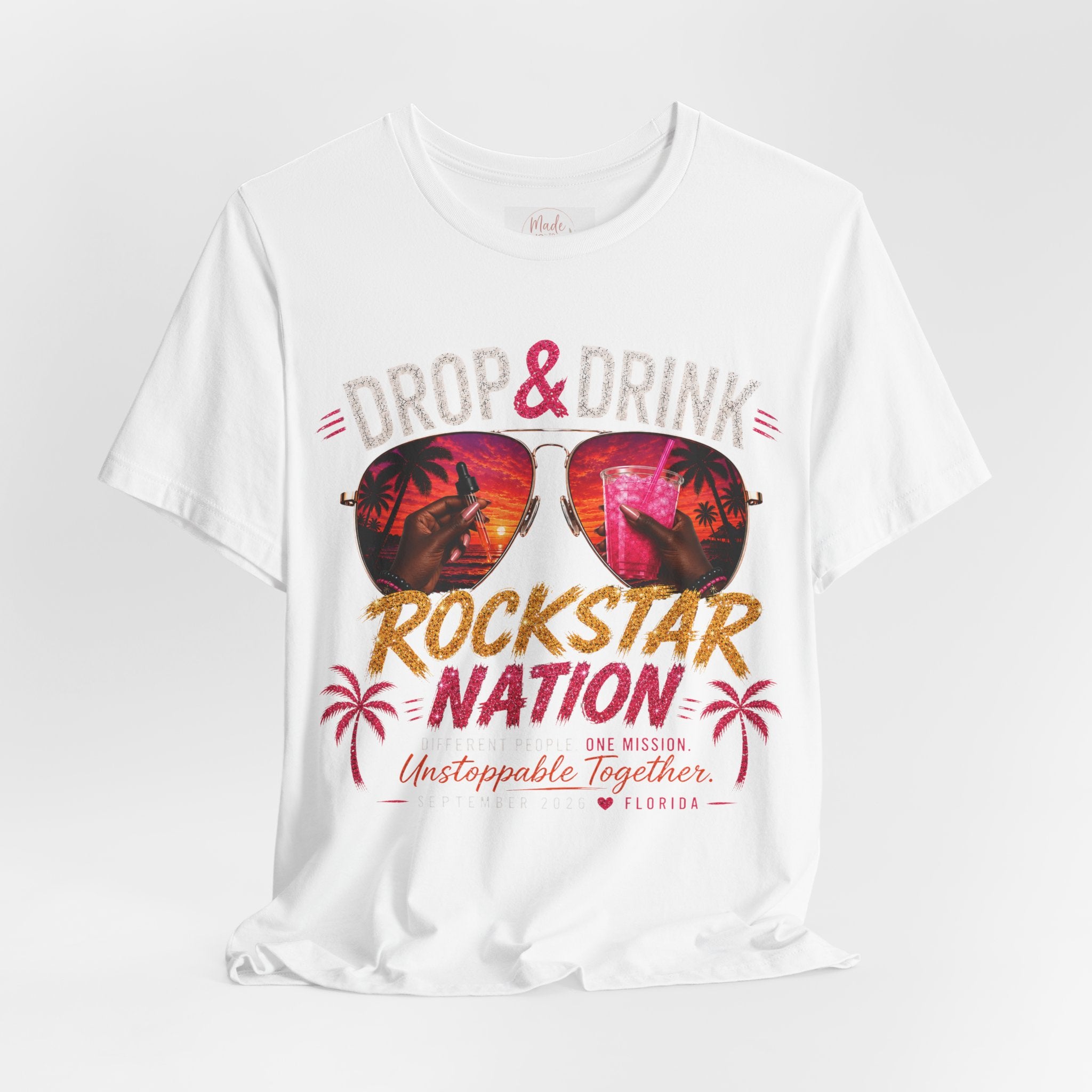 Dark Complexion (women) of Team White Drop & Drink Beach T‑Shirt –  Sunglasses Graphic