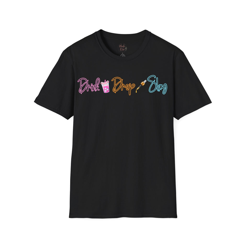 Drink Drop Slay T-Shirt — Fun Boba & Makeup Graphic Tee for Trendy Women