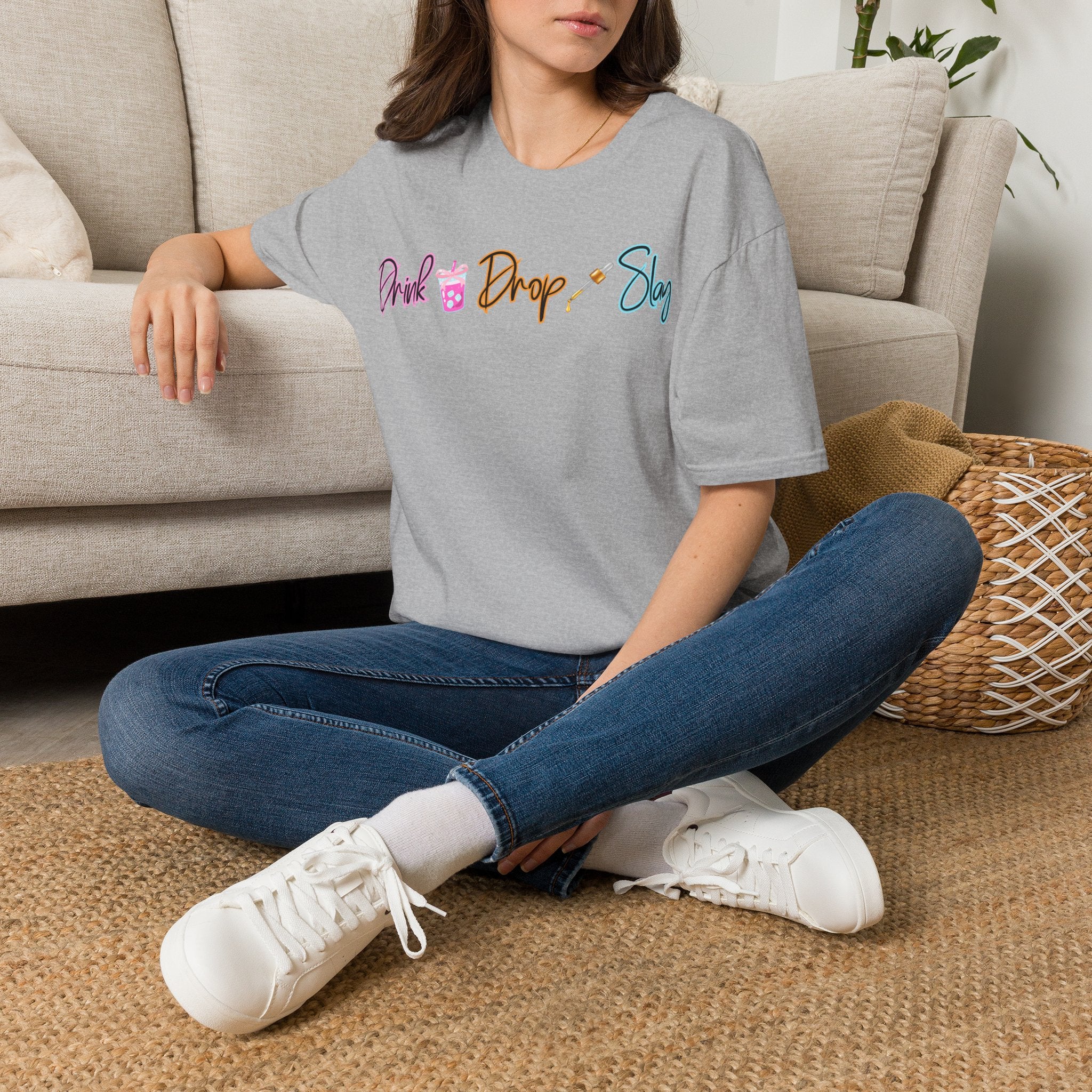 Drink Drop Slay T-Shirt — Fun Boba & Makeup Graphic Tee for Trendy Women