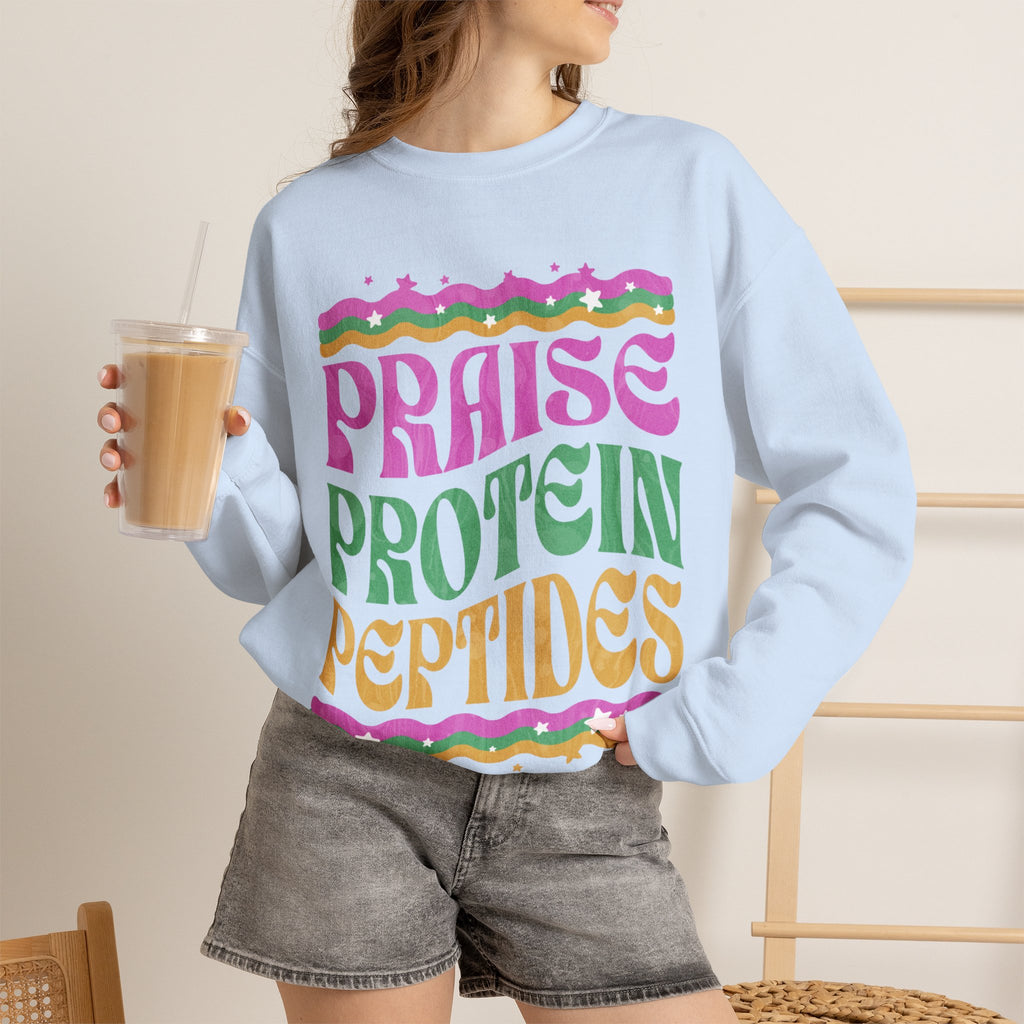 Made to Rise Crewneck Sweatshirt — Retro "Praise Protein Peptides" Graphic