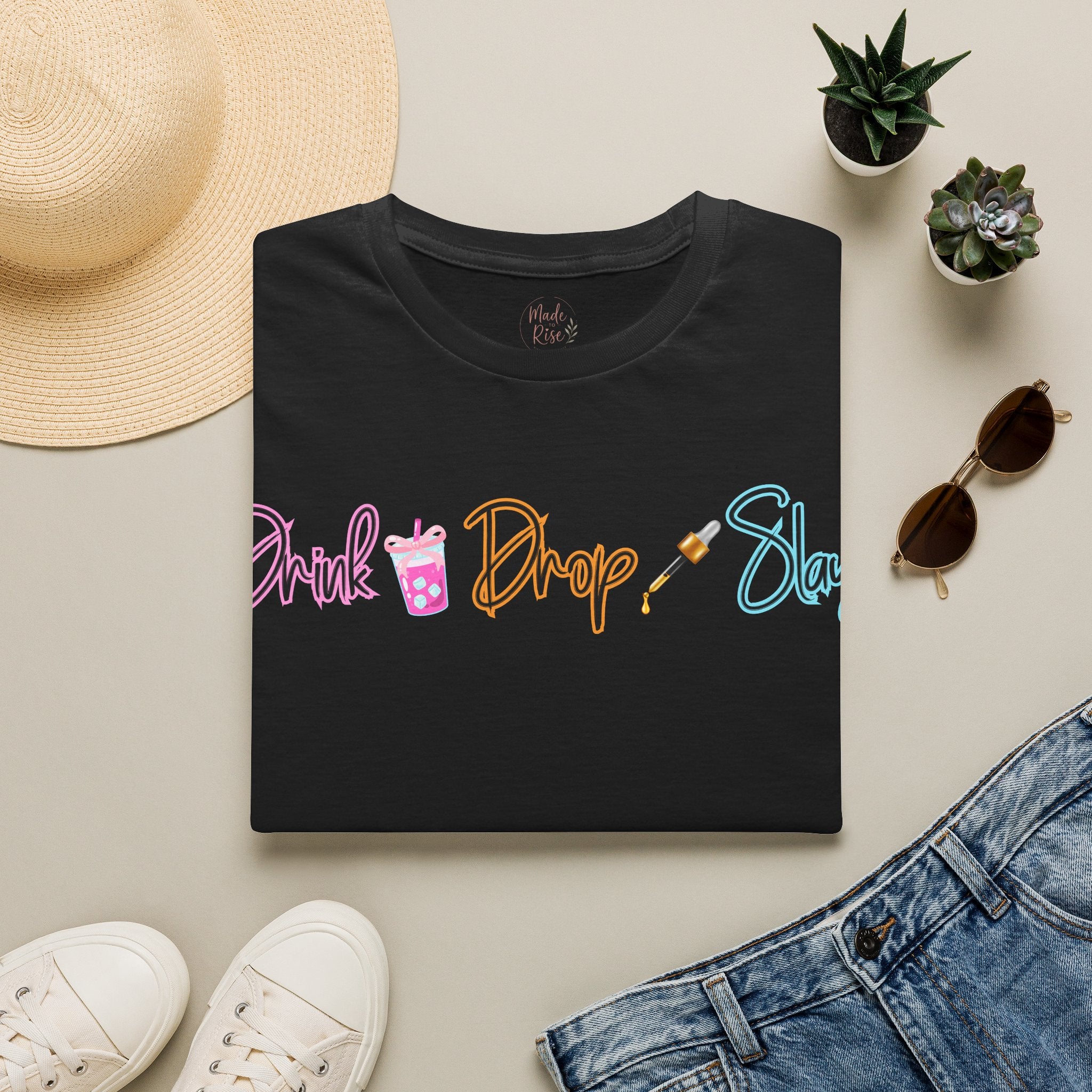 Drink Drop Slay T-Shirt — Fun Boba & Makeup Graphic Tee for Trendy Women