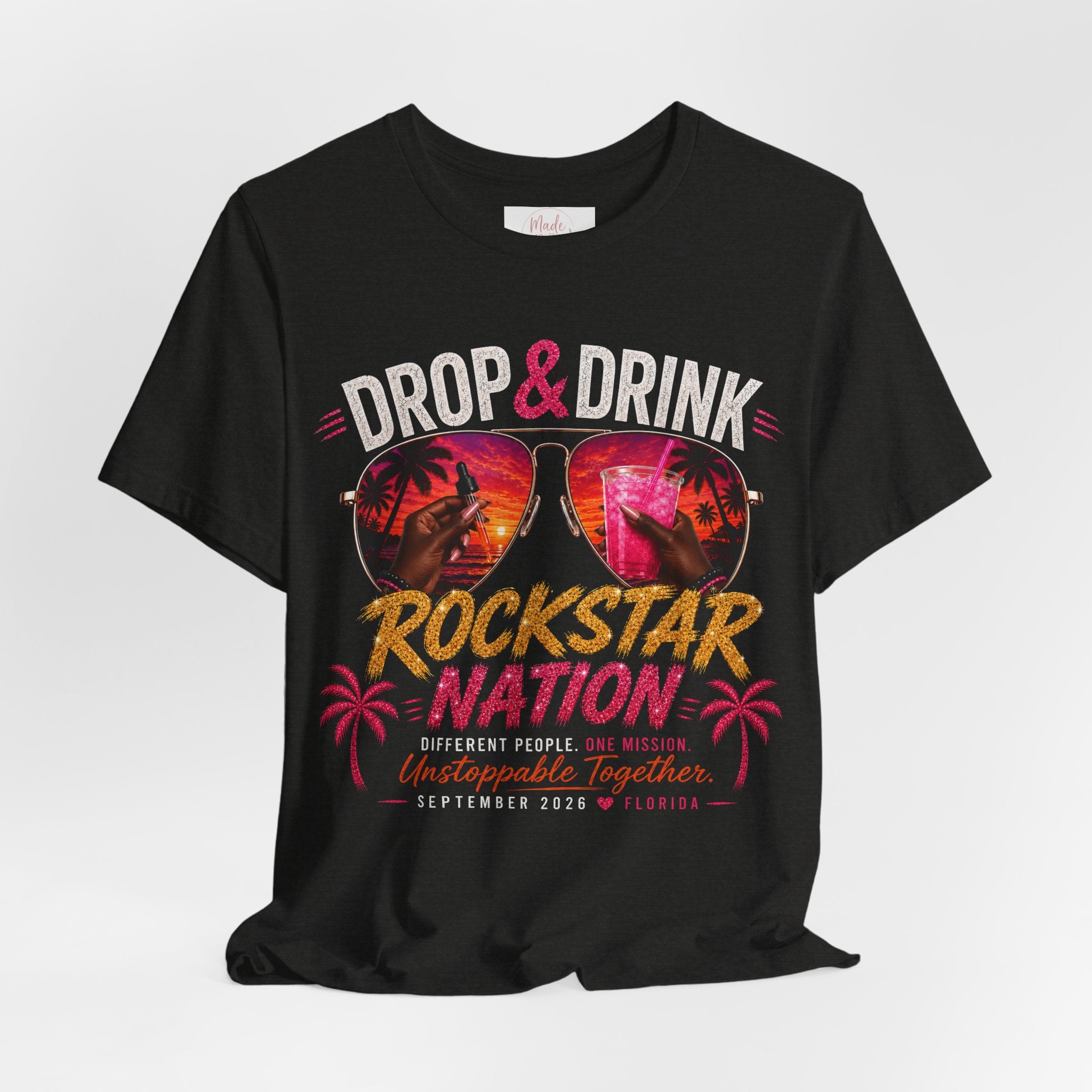 Dark Complexion (women) of Team White Drop & Drink Beach T‑Shirt –  Sunglasses Graphic