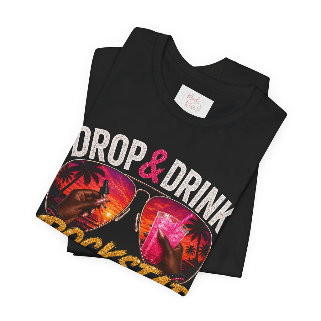 Dark Complexion (women) of Team White Drop & Drink Beach T‑Shirt –  Sunglasses Graphic