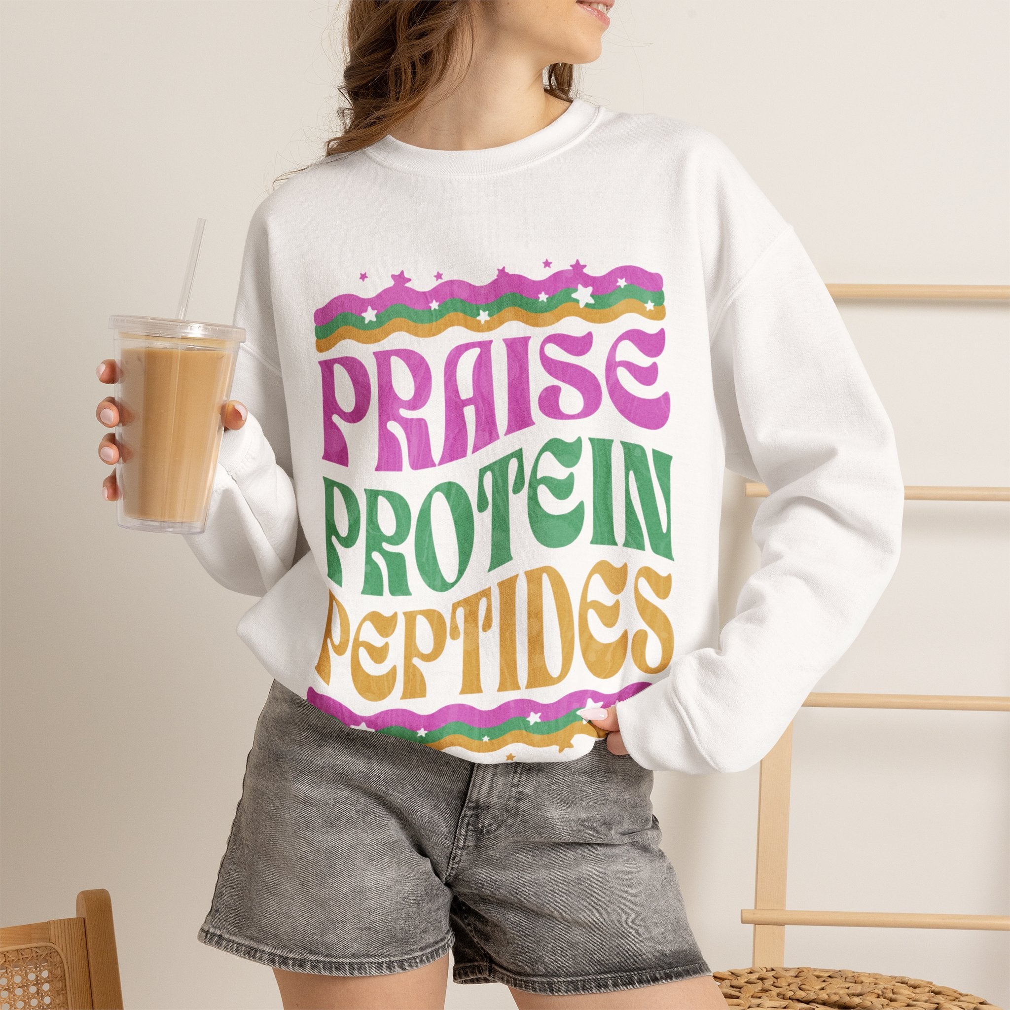 Made to Rise Crewneck Sweatshirt — Retro "Praise Protein Peptides" Graphic