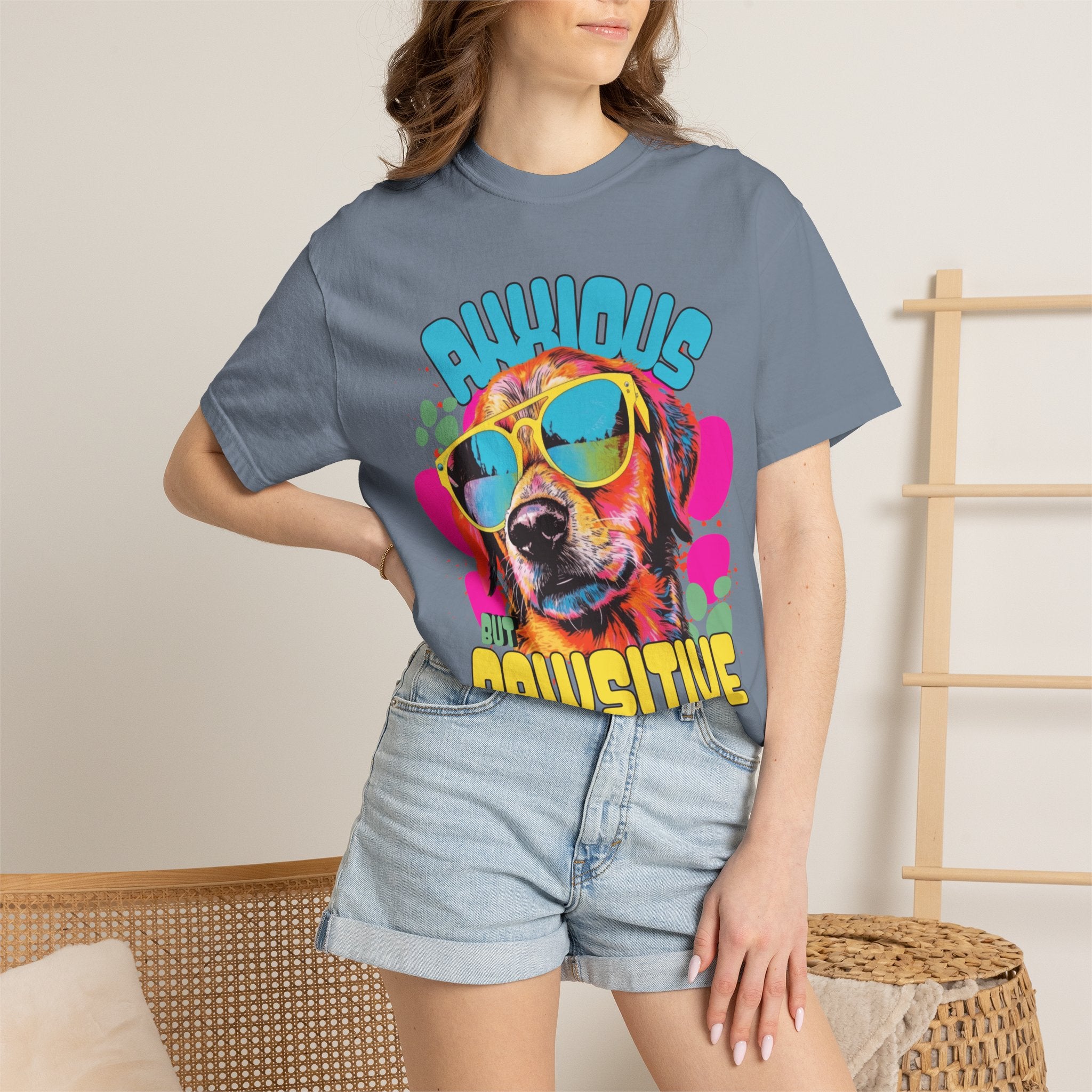 Retro Golden Retriever Shirt, Anxious but Pawsitive Tee, Mental Health Dog Mom, Comfort Colors Colorful Puppy T Shirt, Dog Lover Gift