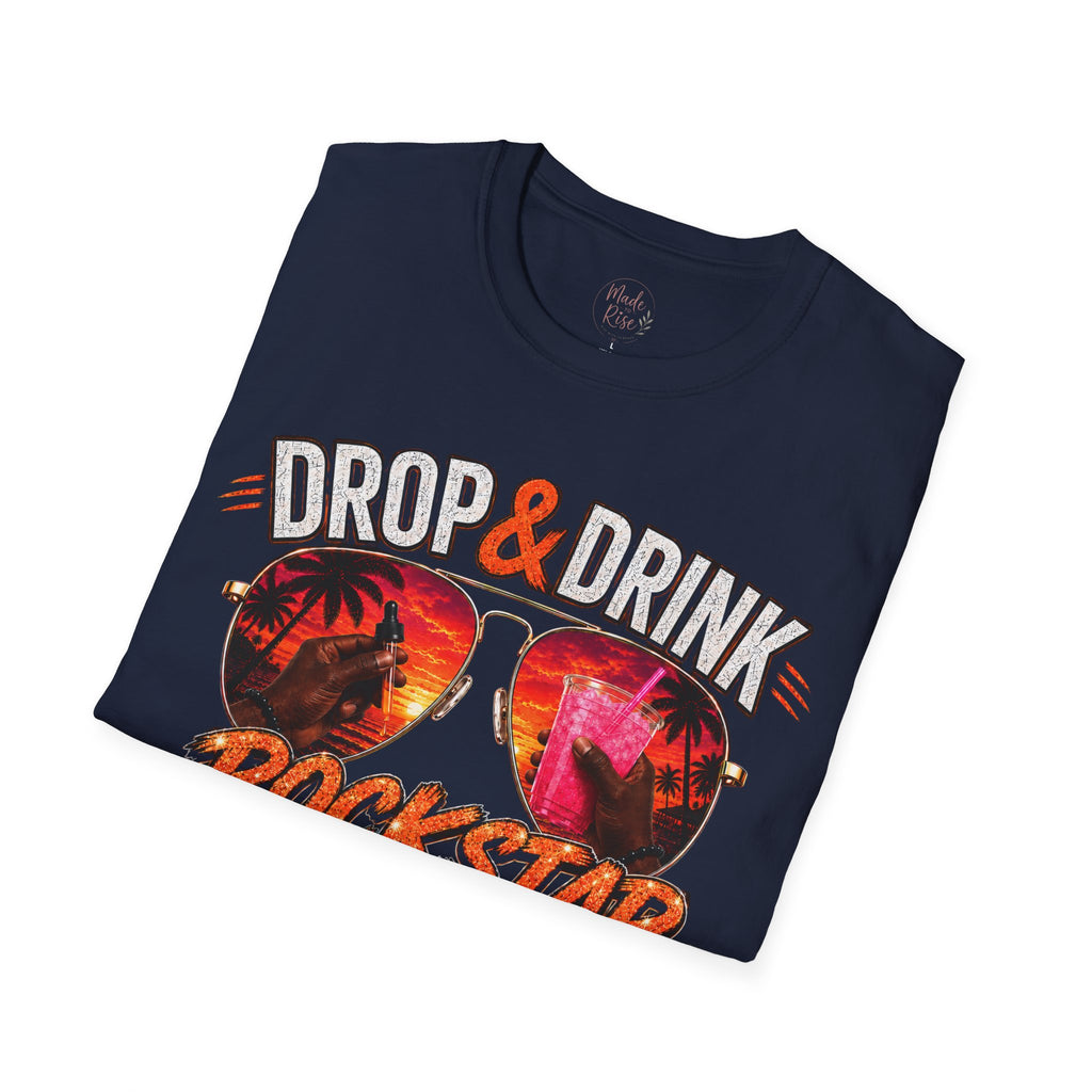 Dark Complexion (Men) Rockstar Team Shirt  —White Drop & Drink  Florida Retro Palm Sunset Graphic