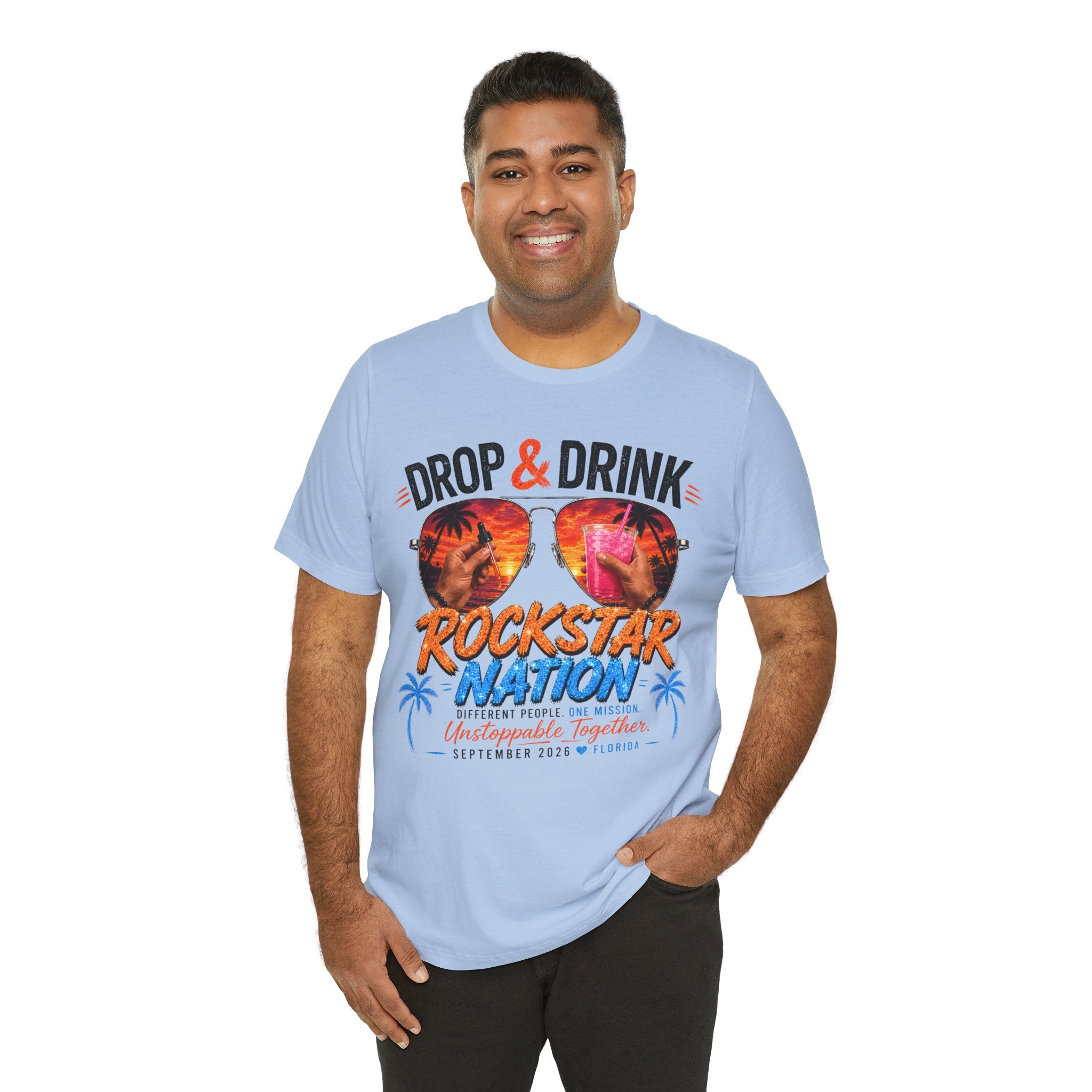 Team Drop & Drink Beach T‑Shirt – Most Likely to Change Lives Sunglasses Graphic