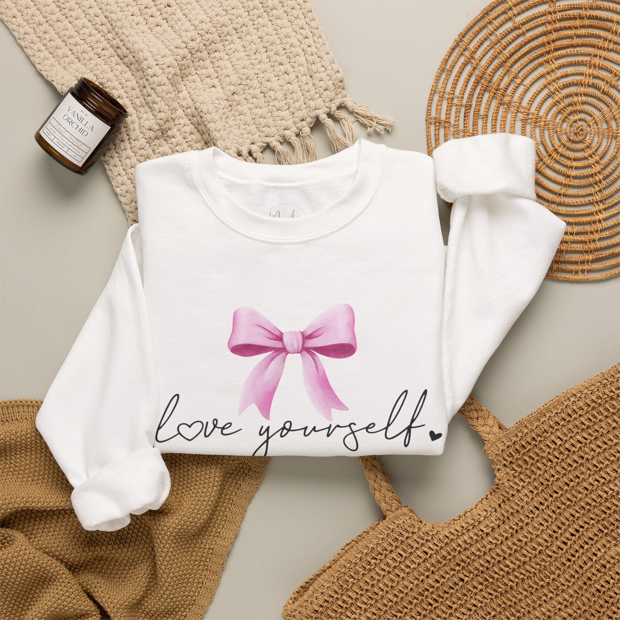 Love Yourself Sweatshirt, Self Love Crewneck Sweatshirt, Motivational Sweatshirt, Pink Bow Sweater, Mental Health Shirt, Positive Apparel