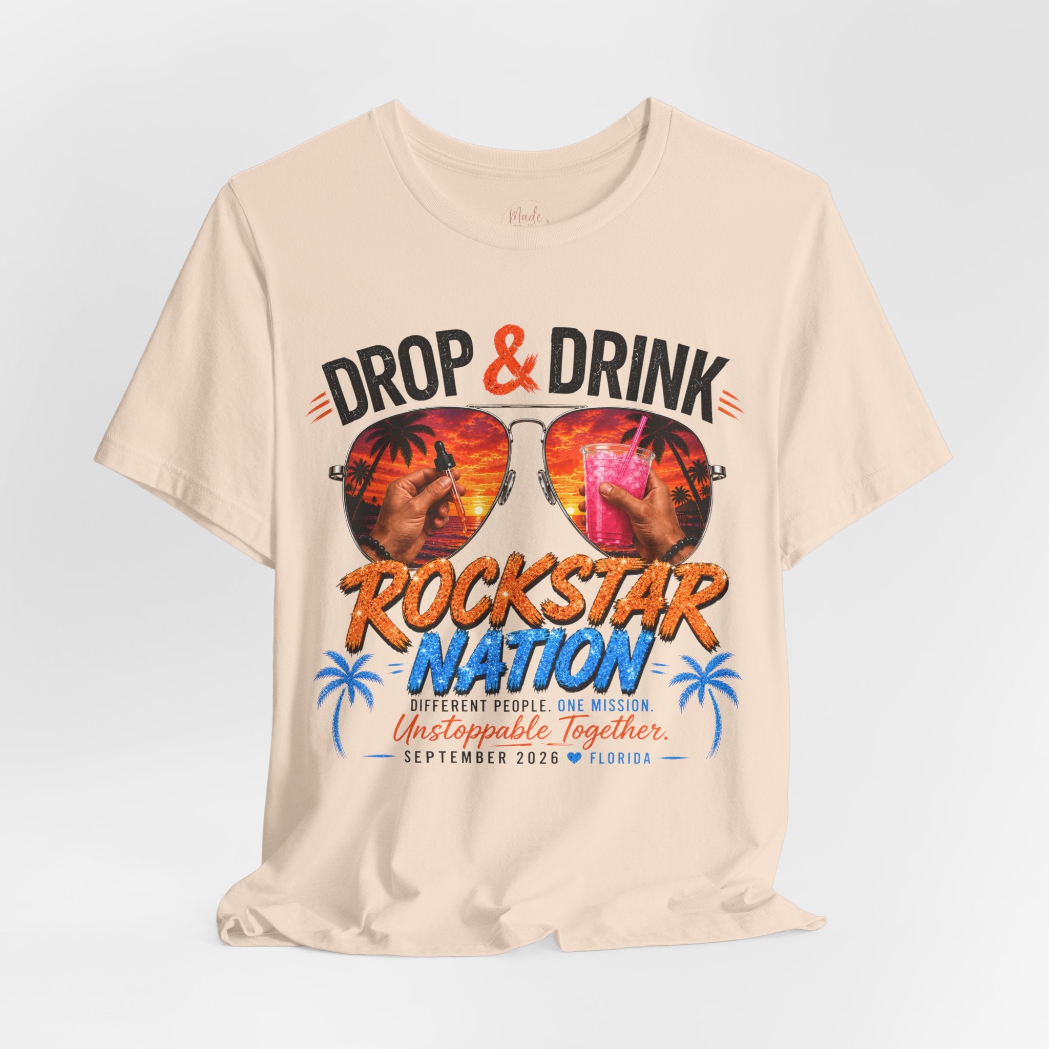 Team Drop & Drink Beach T‑Shirt – Most Likely to Change Lives Sunglasses Graphic