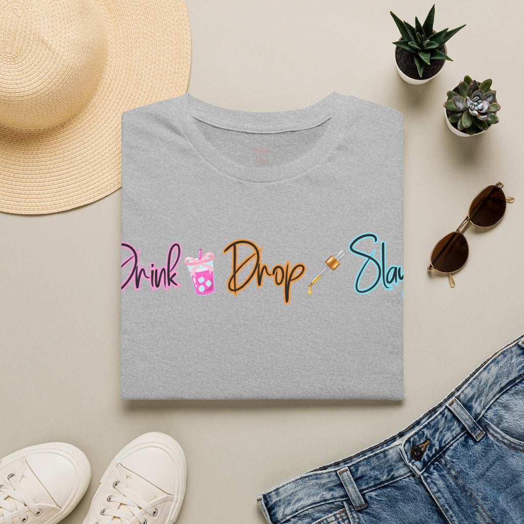 Drink Drop Slay T-Shirt — Fun Boba & Makeup Graphic Tee for Trendy Women