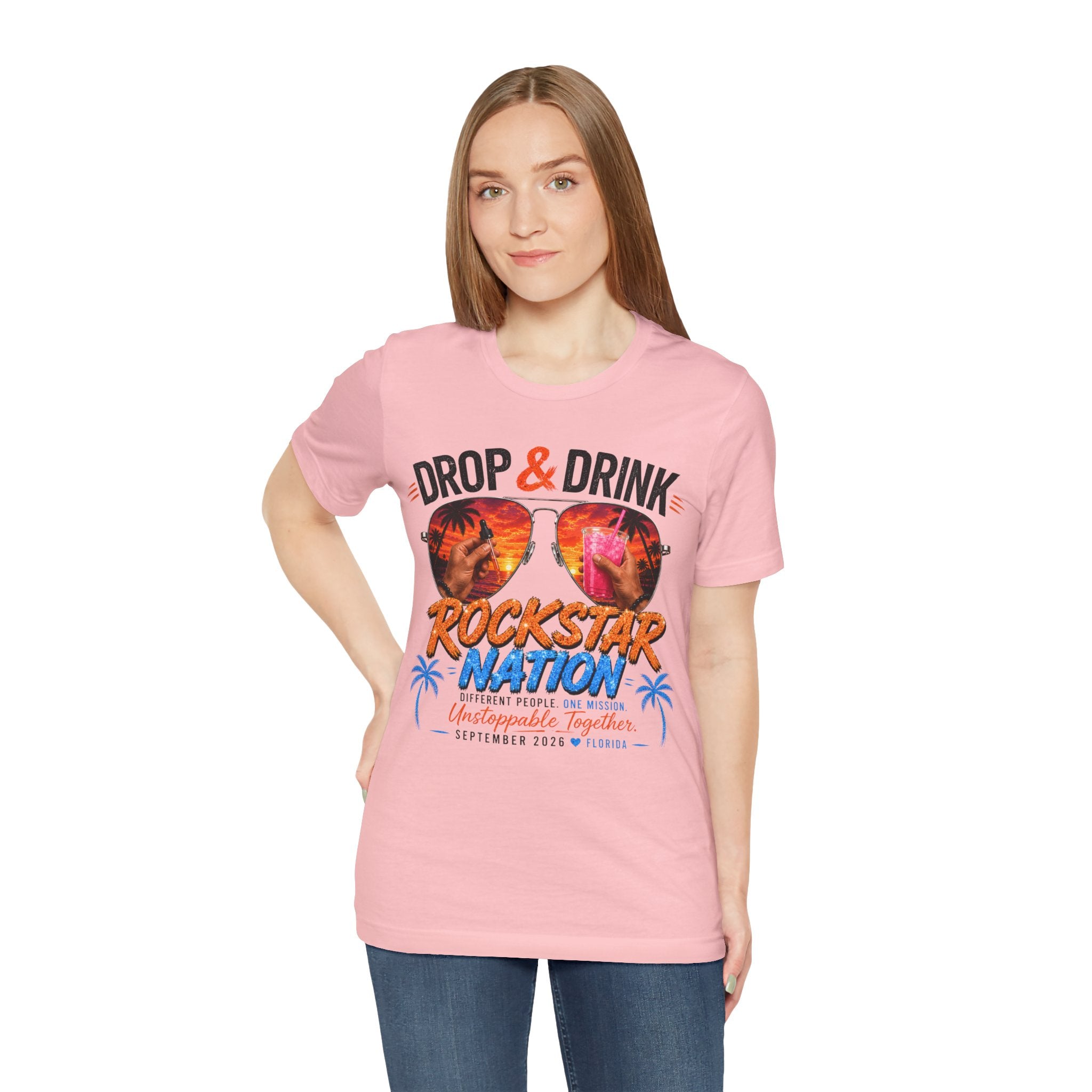 Team Drop & Drink Beach T‑Shirt – Most Likely to Change Lives Sunglasses Graphic