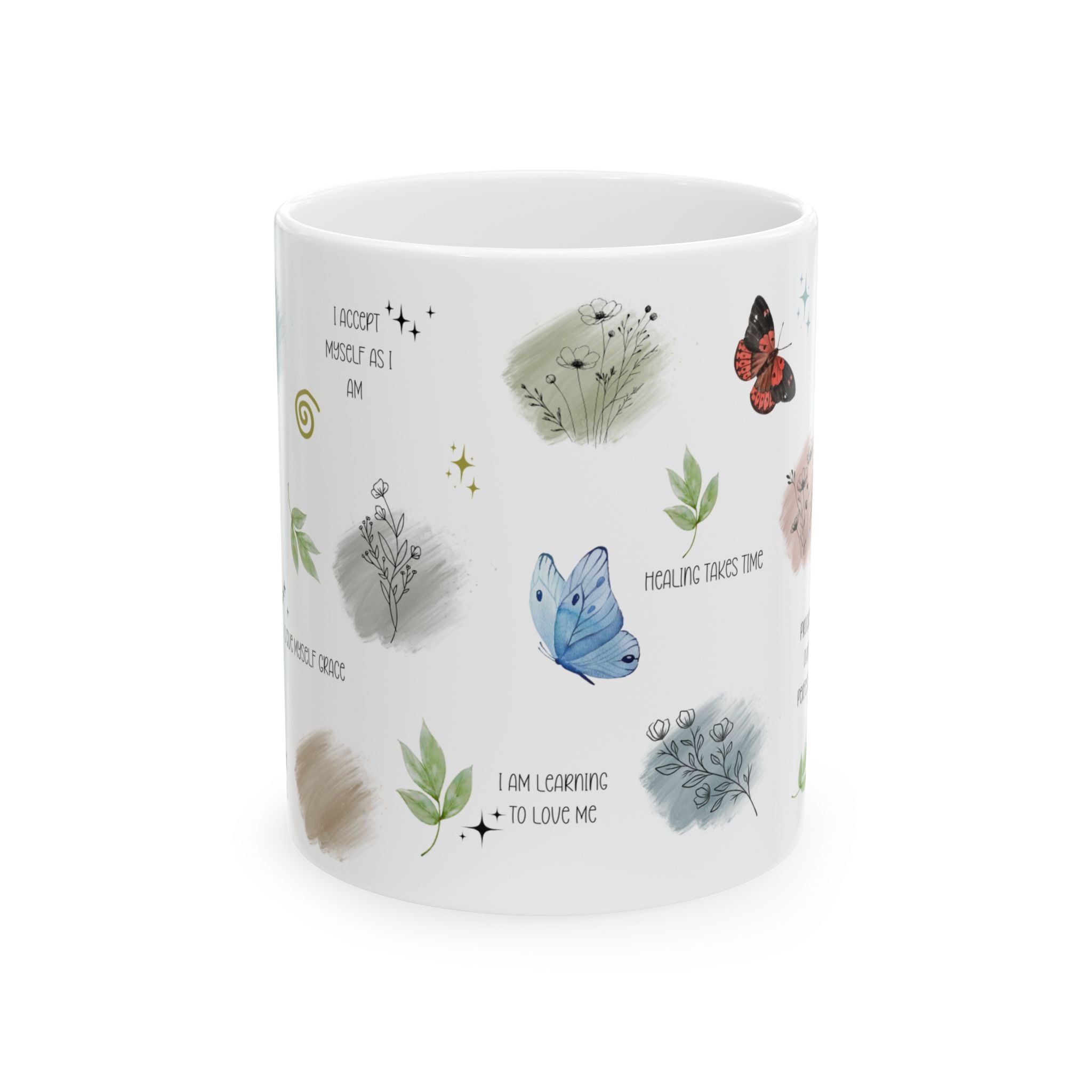 Butterflies and Botanicals Affirmations Mug Ceramic Coffee Cup Daily Reminders Gift Mental Health Awareness kitchen Gift for Her