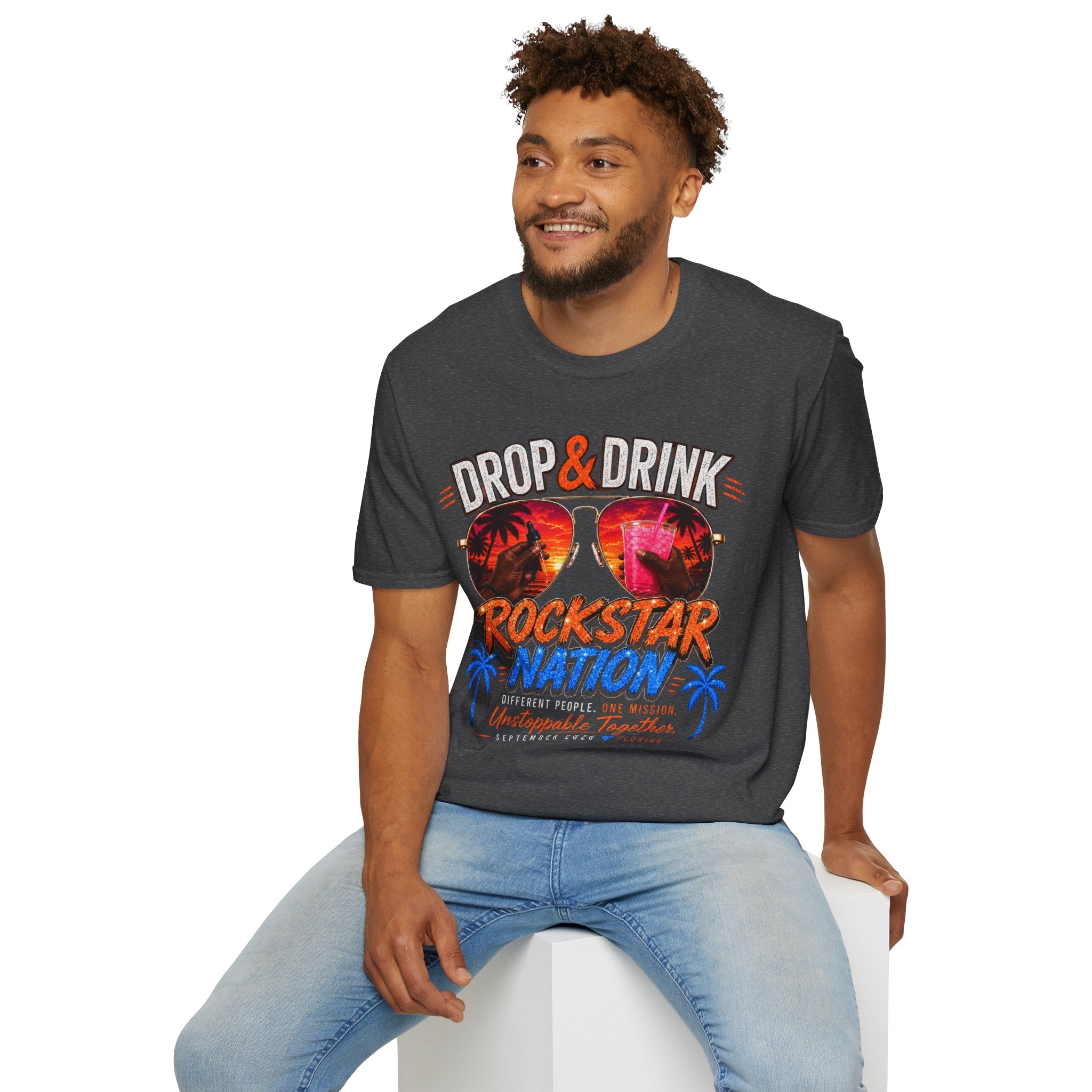Dark Complexion (Men) Rockstar Team Shirt  —White Drop & Drink  Florida Retro Palm Sunset Graphic