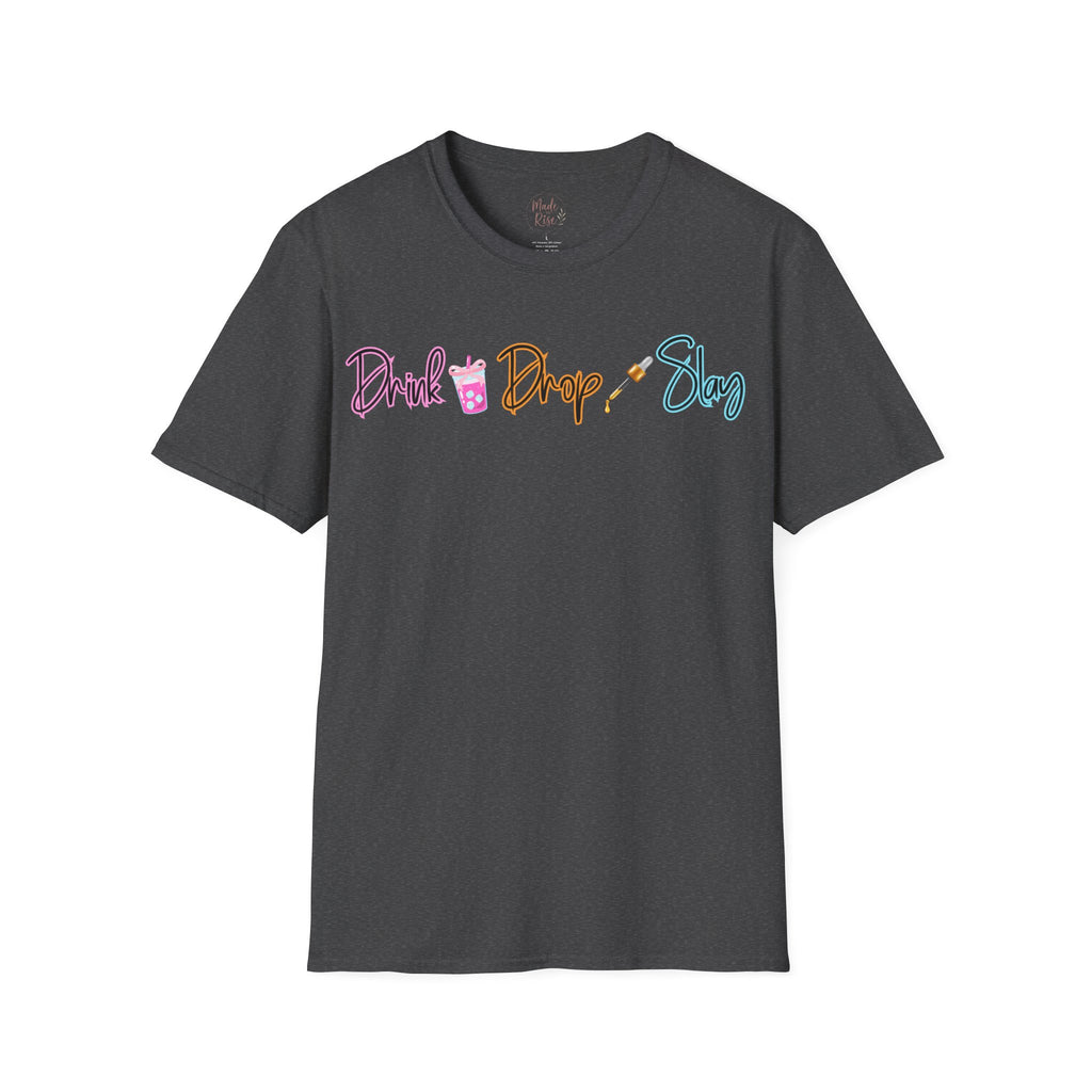 Drink Drop Slay T-Shirt — Fun Boba & Makeup Graphic Tee for Trendy Women