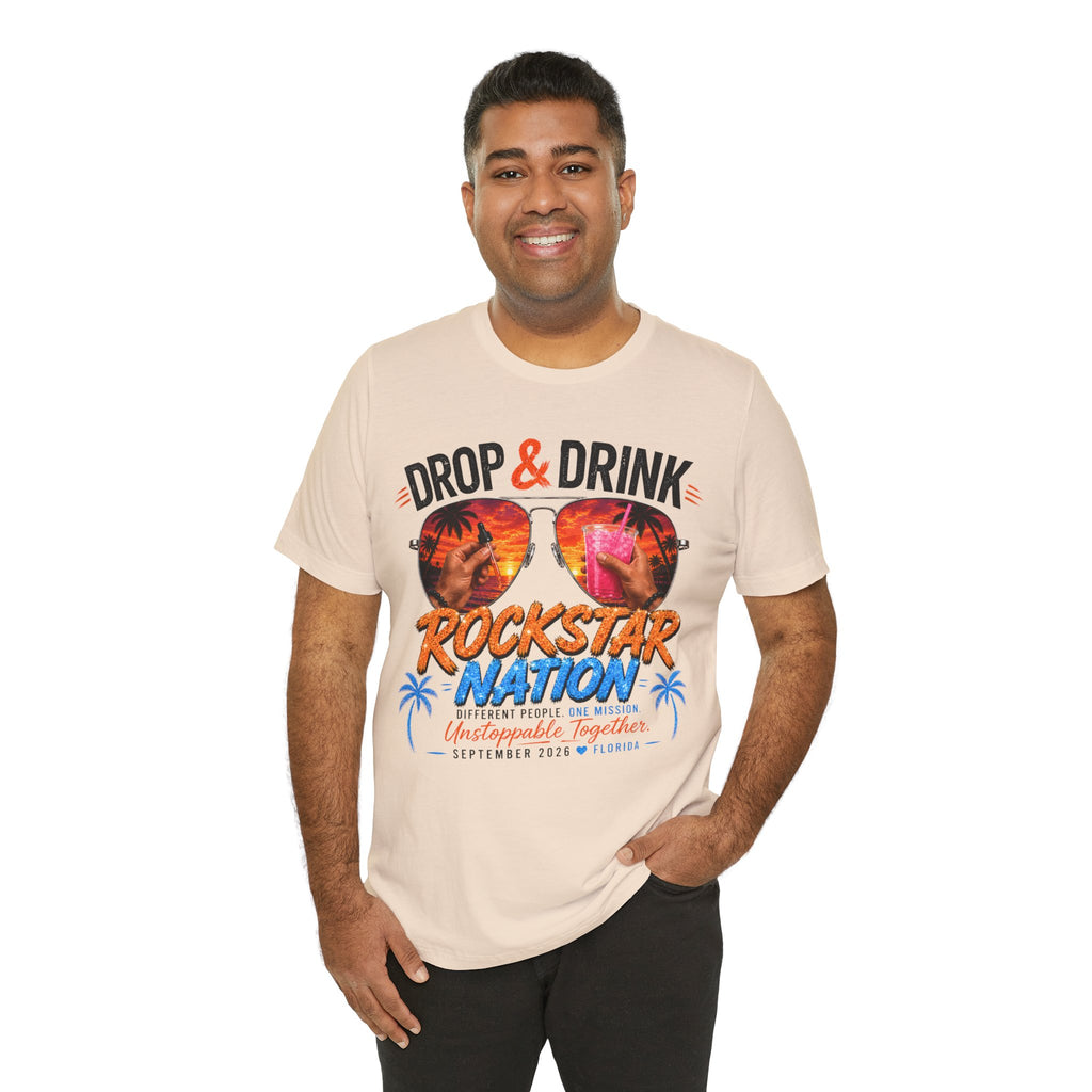 Team Drop & Drink Beach T‑Shirt – Most Likely to Change Lives Sunglasses Graphic