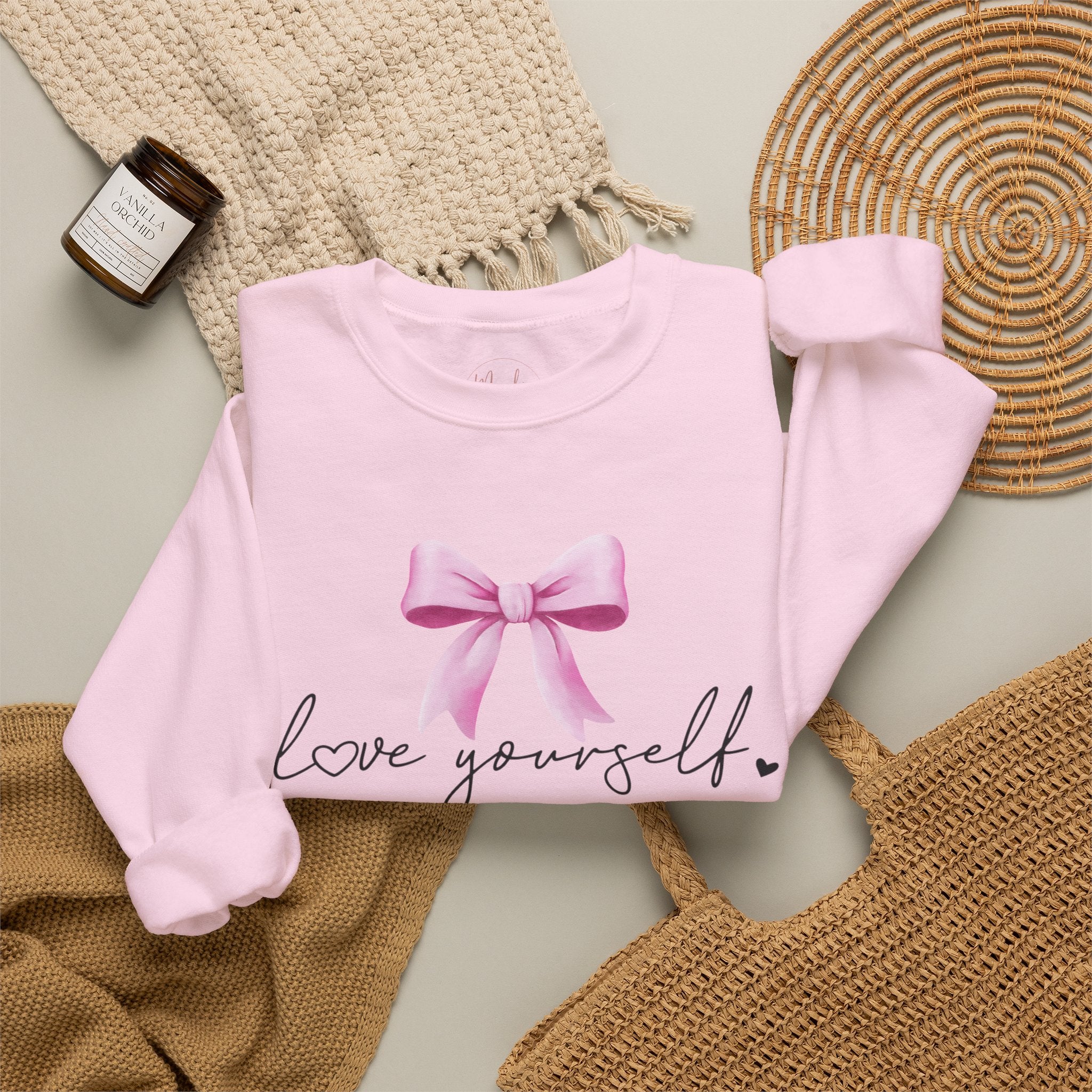 Love Yourself Sweatshirt, Self Love Crewneck Sweatshirt, Motivational Sweatshirt, Pink Bow Sweater, Mental Health Shirt, Positive Apparel