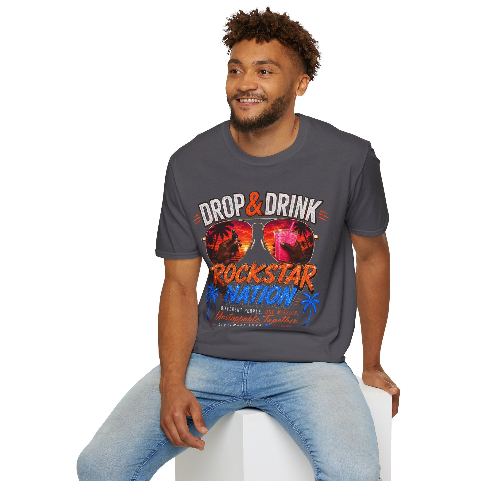 Dark Complexion (Men) Rockstar Team Shirt  —White Drop & Drink  Florida Retro Palm Sunset Graphic