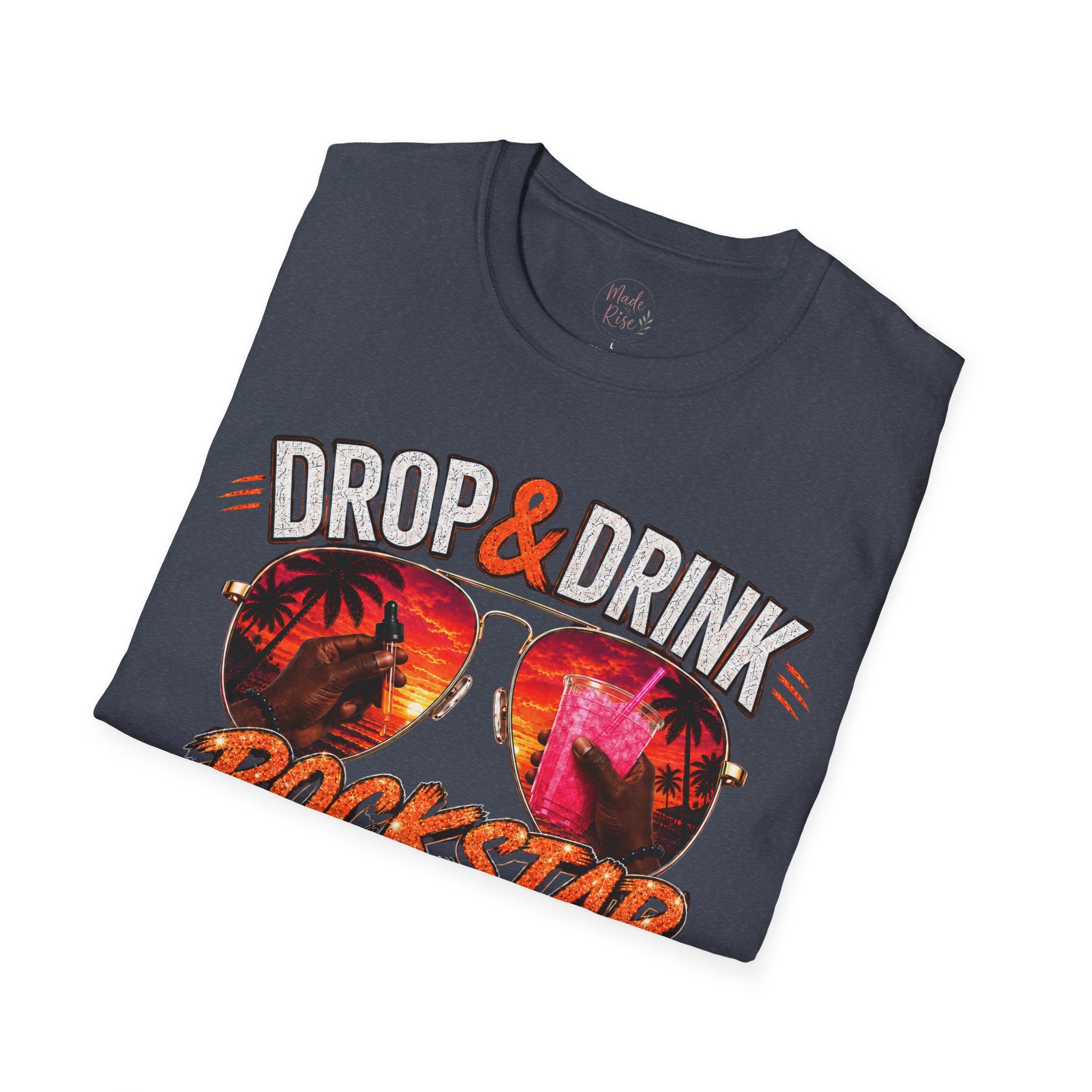 Dark Complexion (Men) Rockstar Team Shirt  —White Drop & Drink  Florida Retro Palm Sunset Graphic