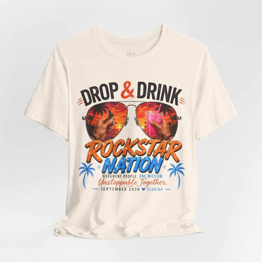 Team Drop & Drink Beach T‑Shirt – Most Likely to Change Lives Sunglasses Graphic