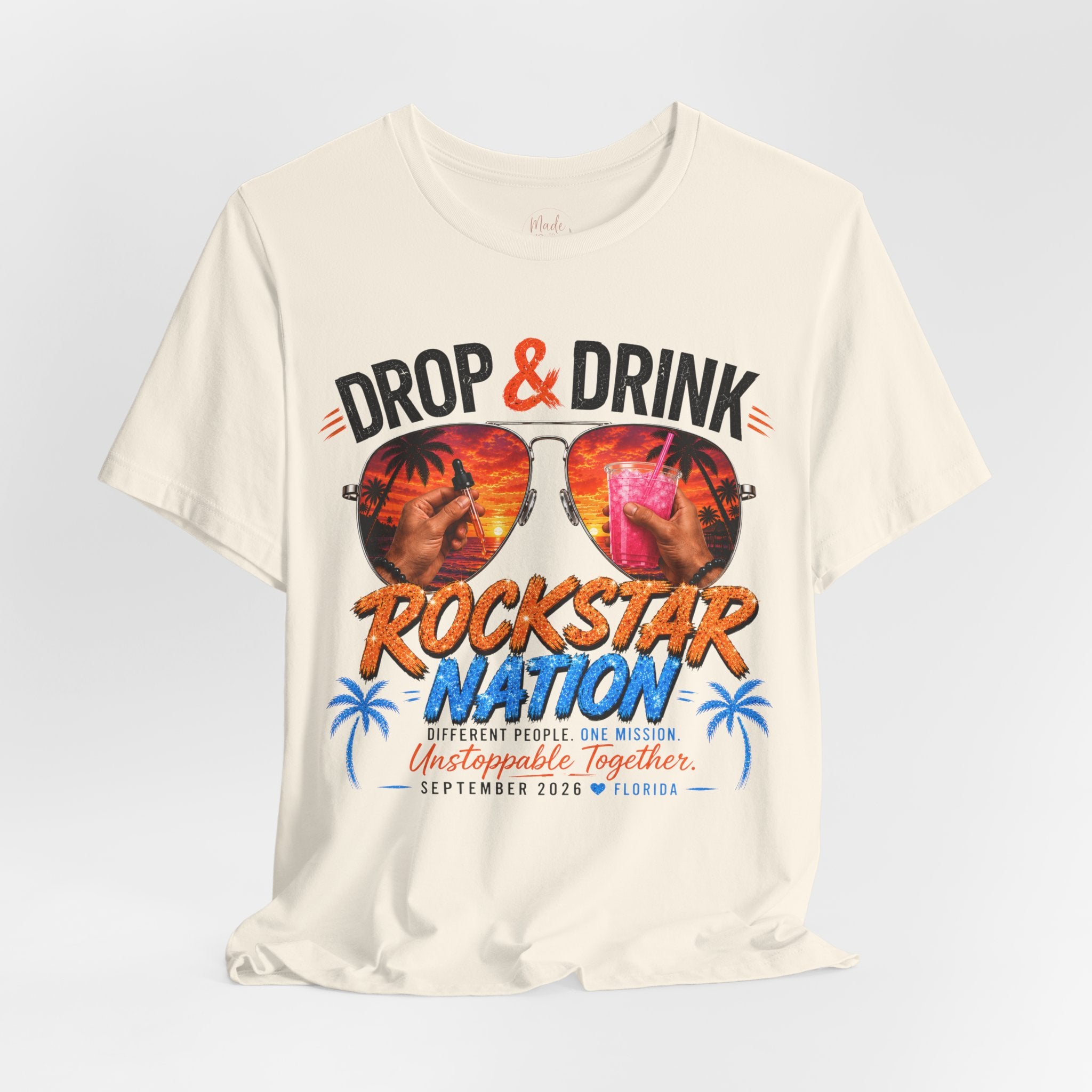 Team Drop & Drink Beach T‑Shirt – Most Likely to Change Lives Sunglasses Graphic