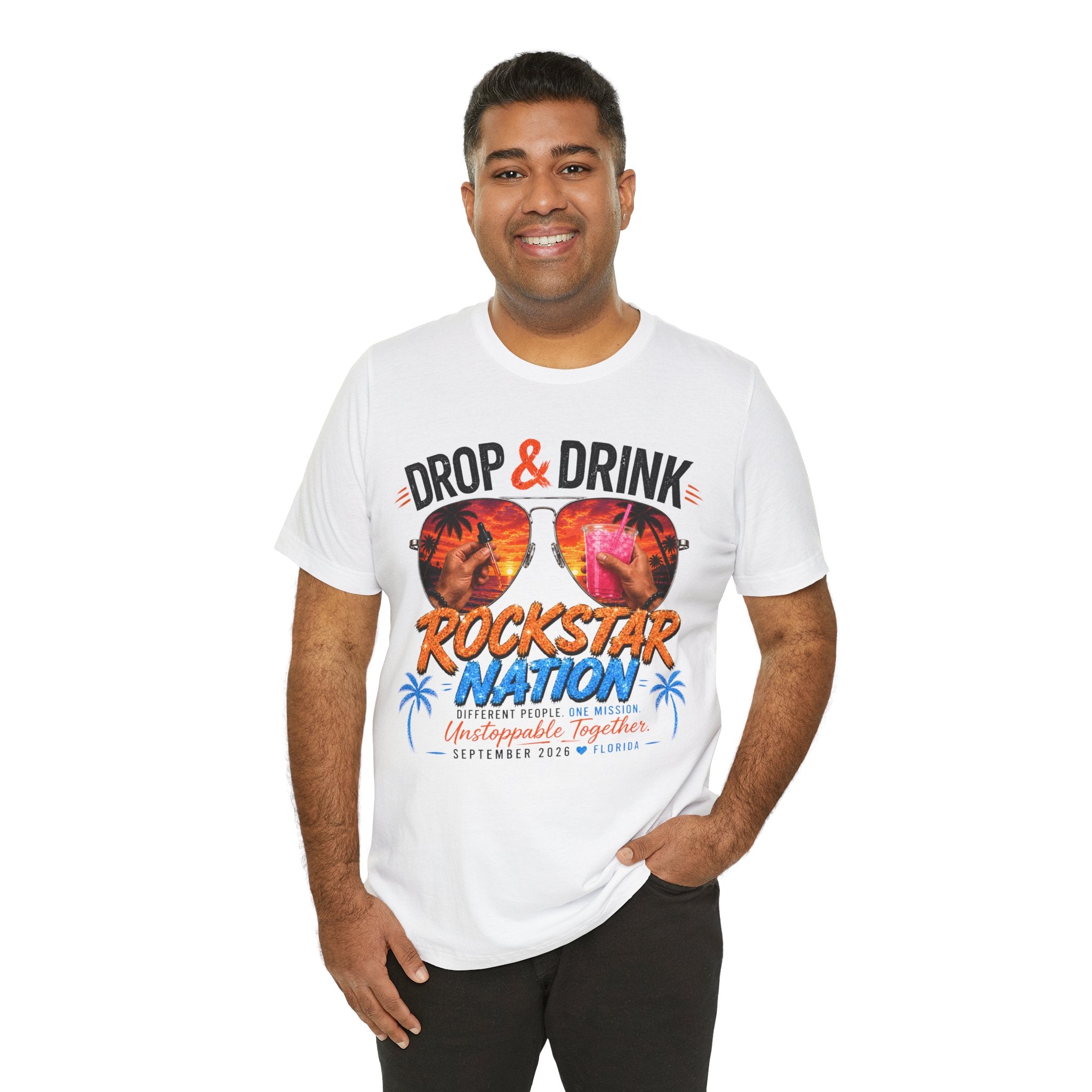 Team Drop & Drink Beach T‑Shirt – Most Likely to Change Lives Sunglasses Graphic