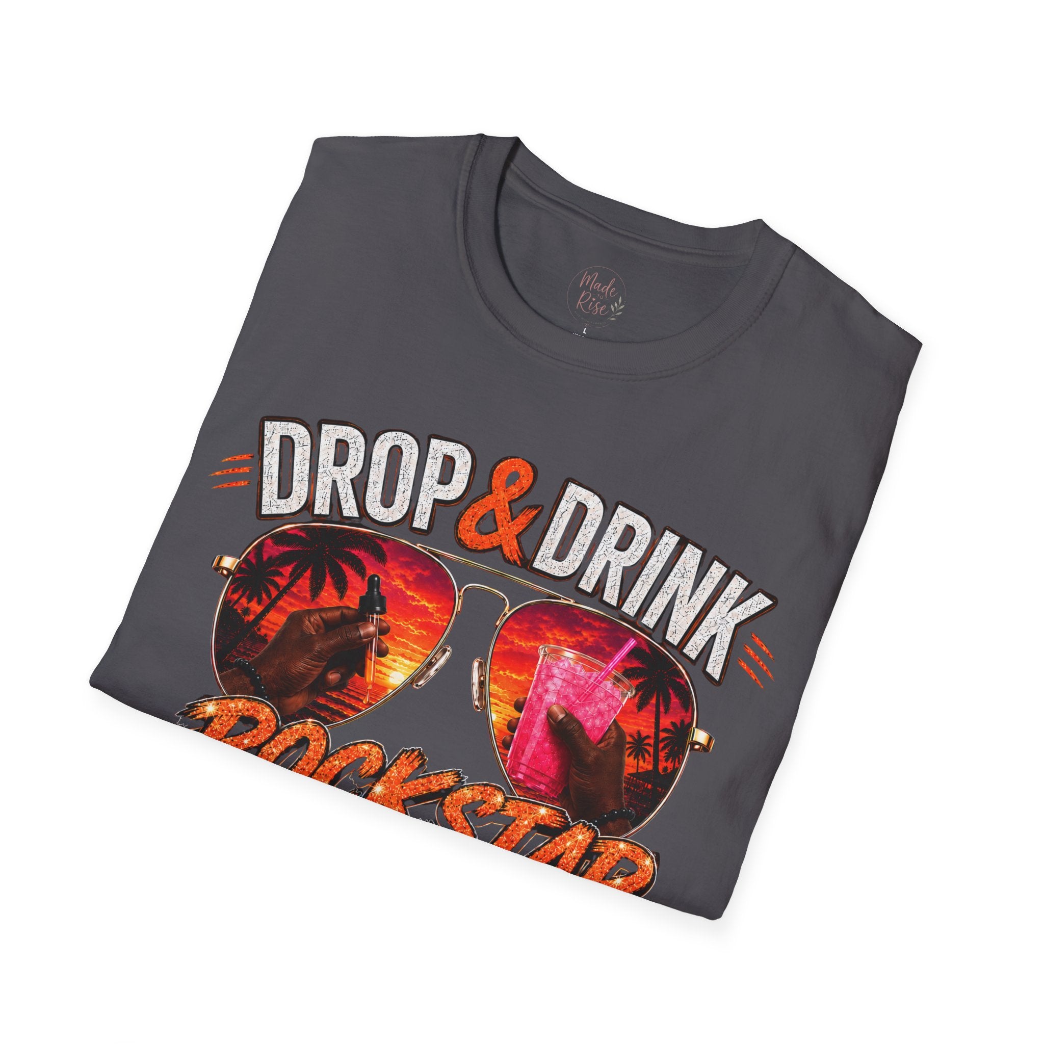 Dark Complexion (Men) Rockstar Team Shirt  —White Drop & Drink  Florida Retro Palm Sunset Graphic
